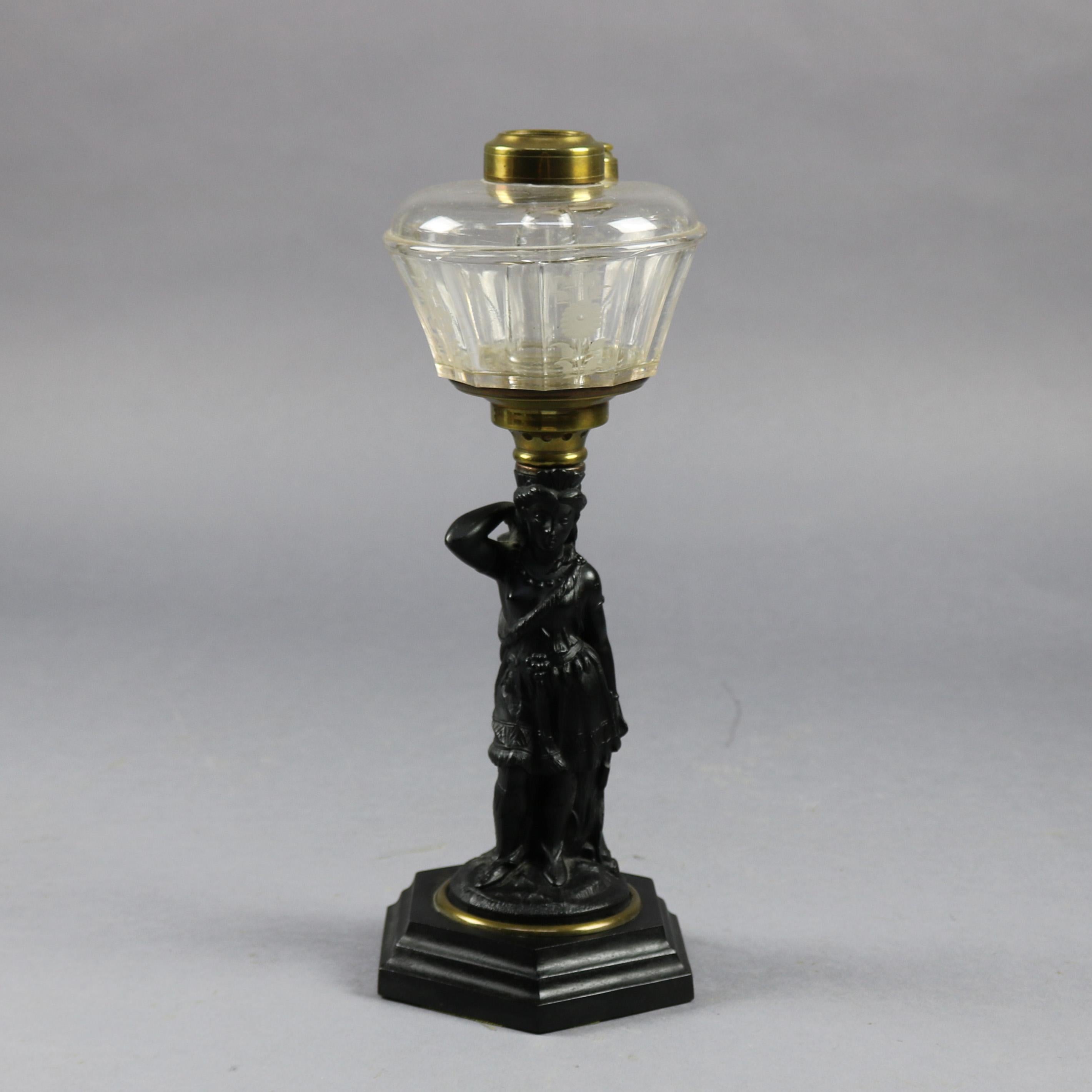 An antique Continental Cornelius School figural cast iron table oil lamp base offers ebonized cast iron base in the form of an Indian maiden surmounted by faceted glass font, circa 1860

Measures: 14