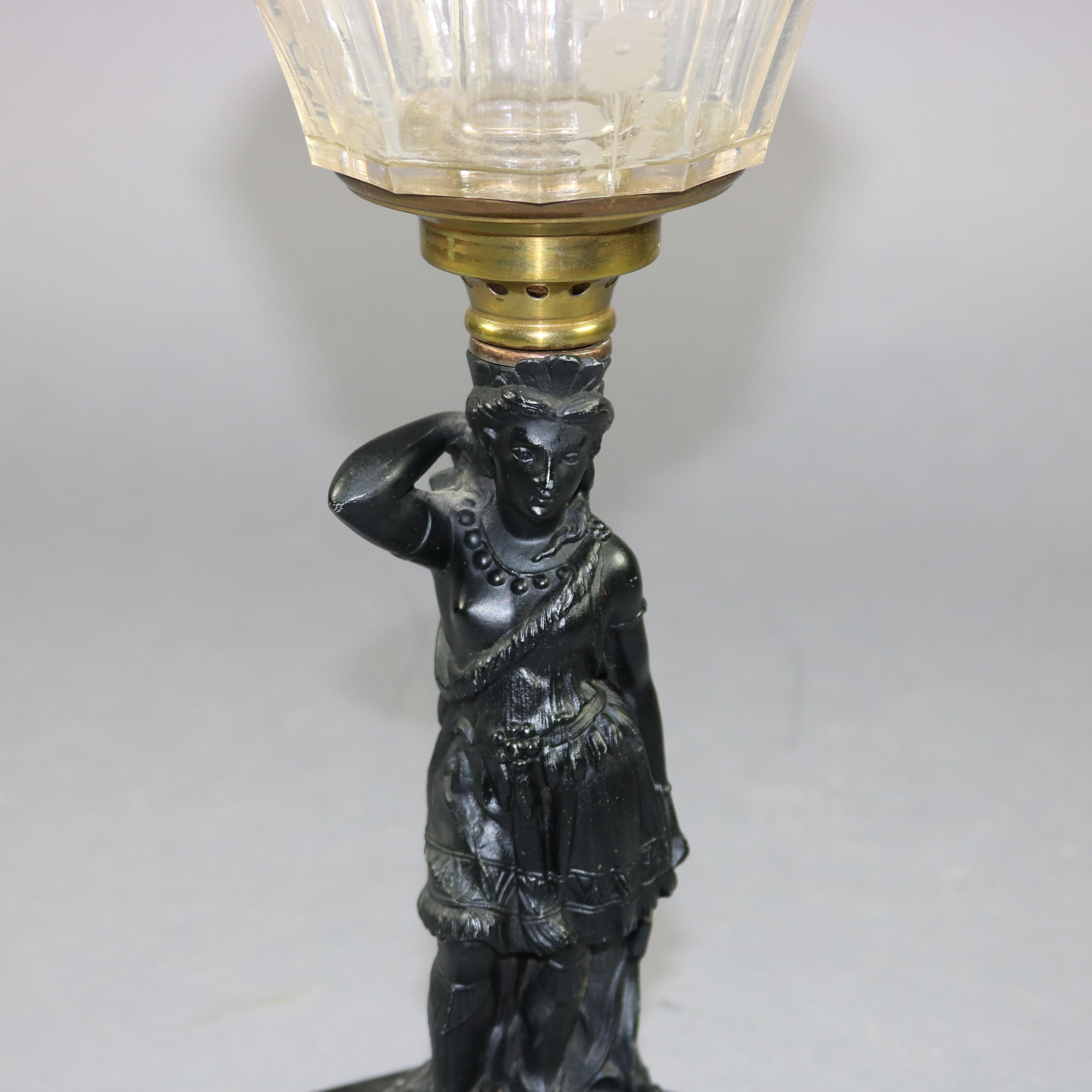 European Continental Cornelius School Iron Figural Indian Maiden Oil Lamp, circa 1860