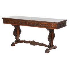 Antique Continental Deeply Carved Mahogany Grape & Vine Library Table Circa 1900