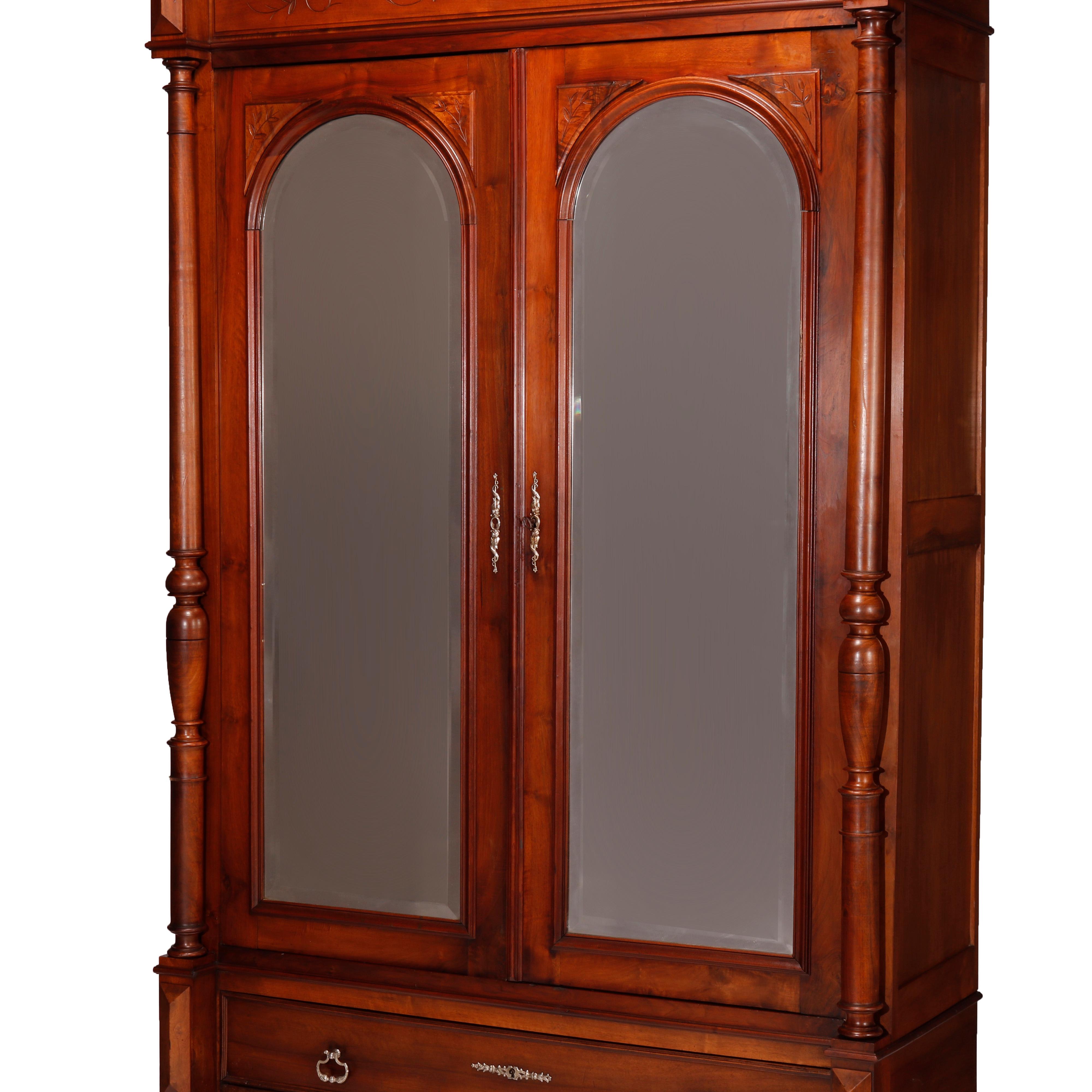 19th Century Antique Continental Double Door Walnut Mirrored Wardrobe, Circa 1890