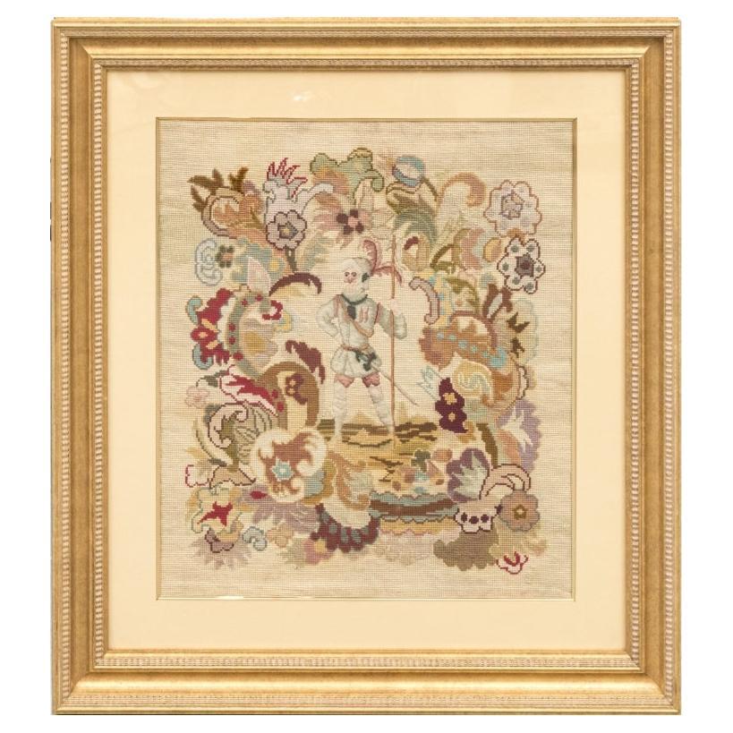 Antique Continental Embroidered Figural Panel, Framed