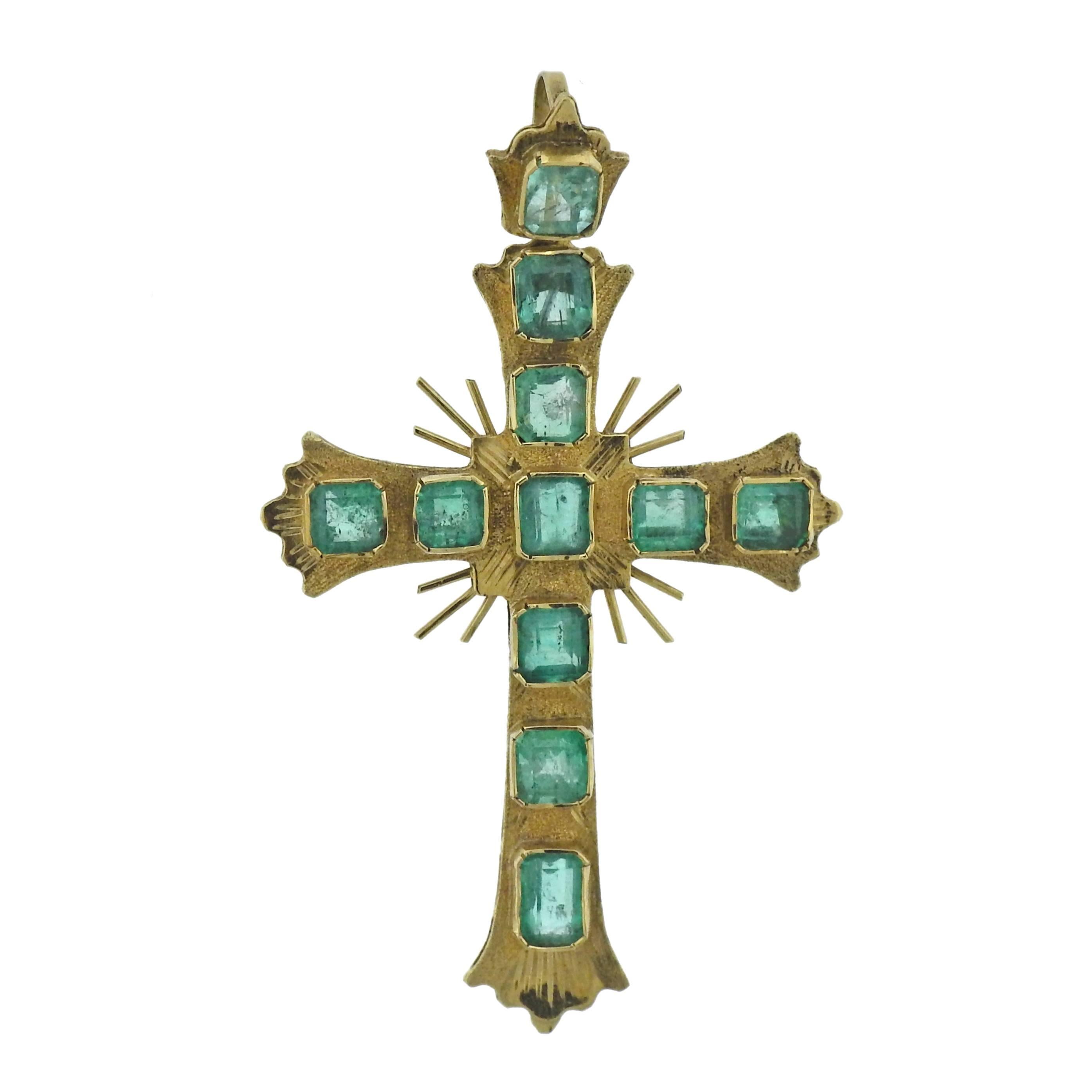 Antique Continental Emerald Gold Cross Pendant