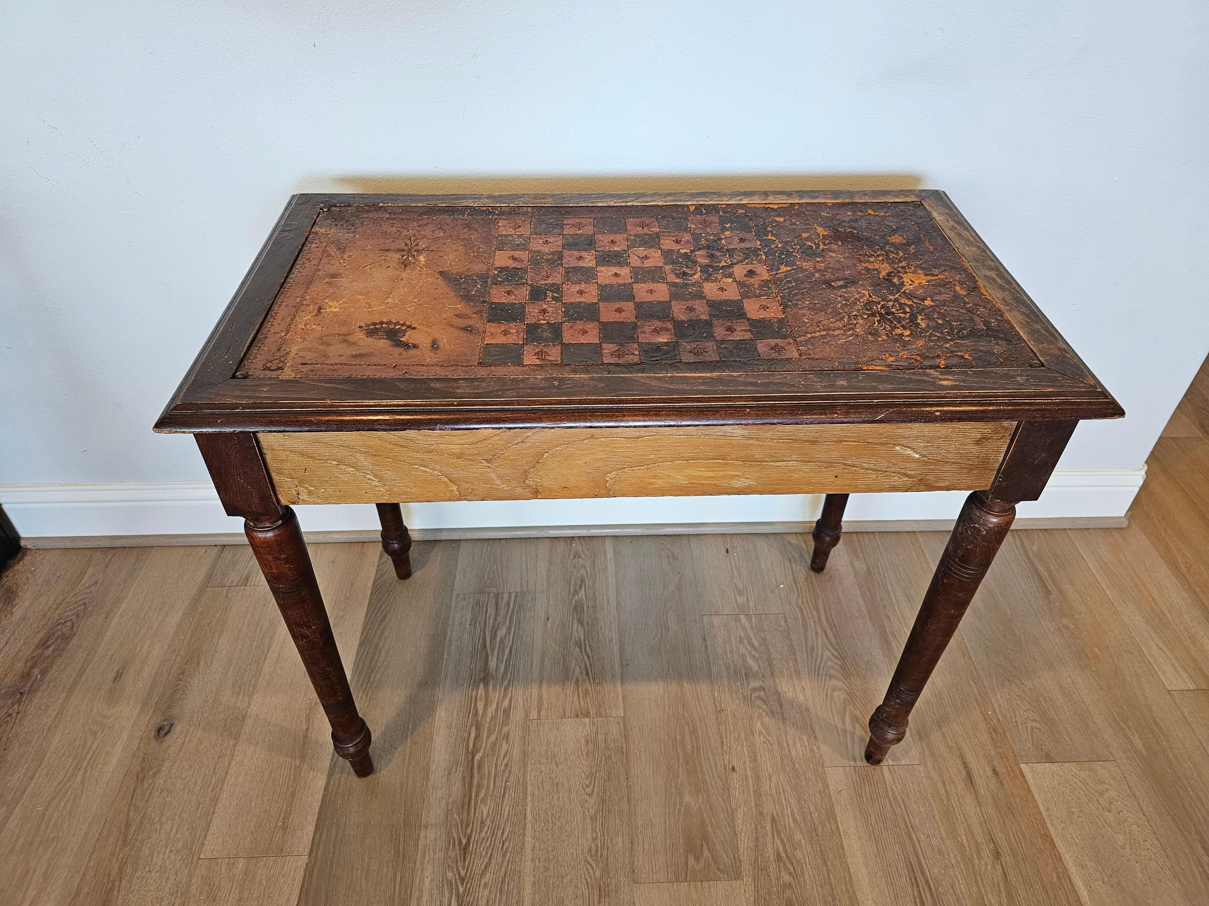 Antique Continental European Embossed Leather Games Table  For Sale 12