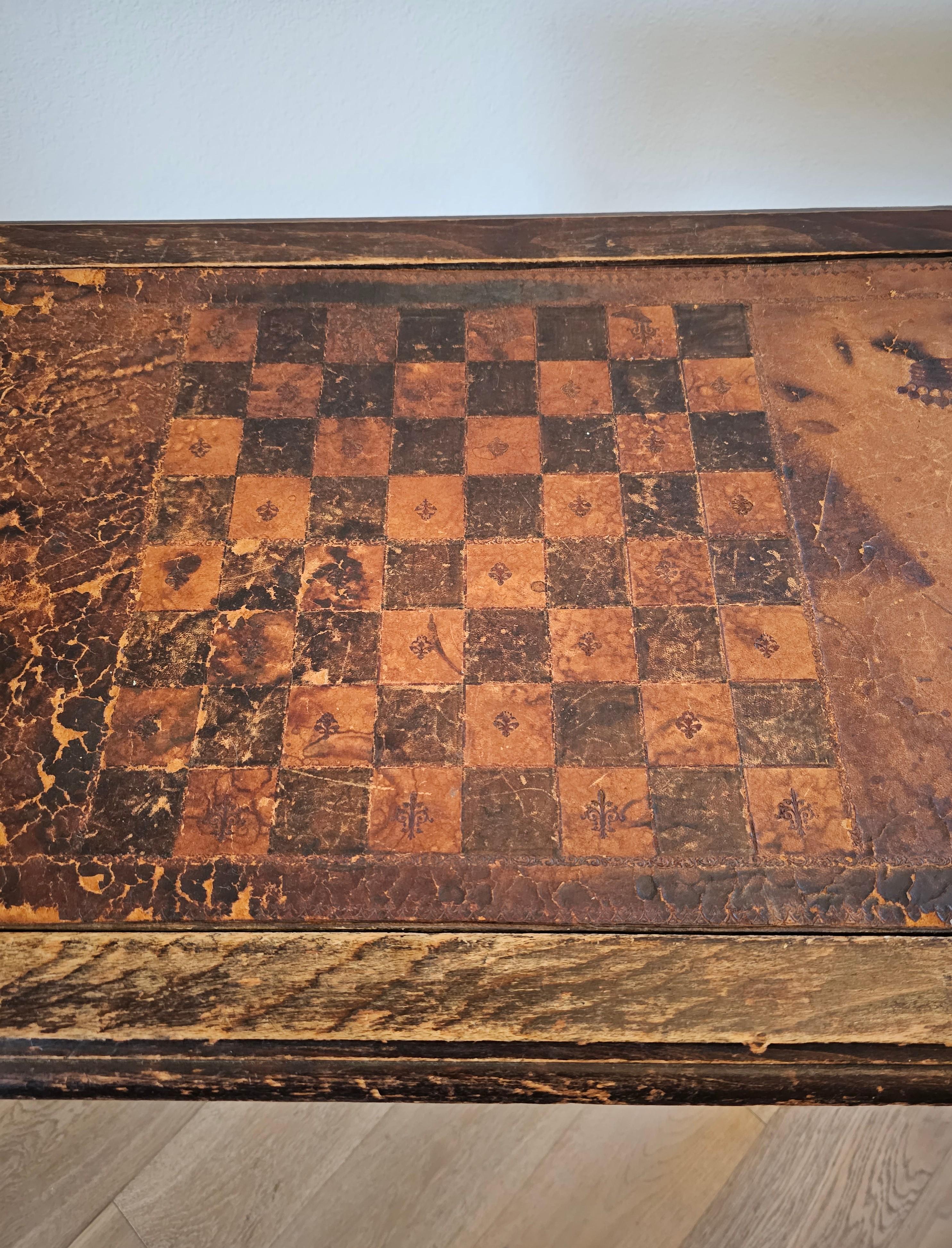Chamfered Antique Continental European Embossed Leather Games Table  For Sale