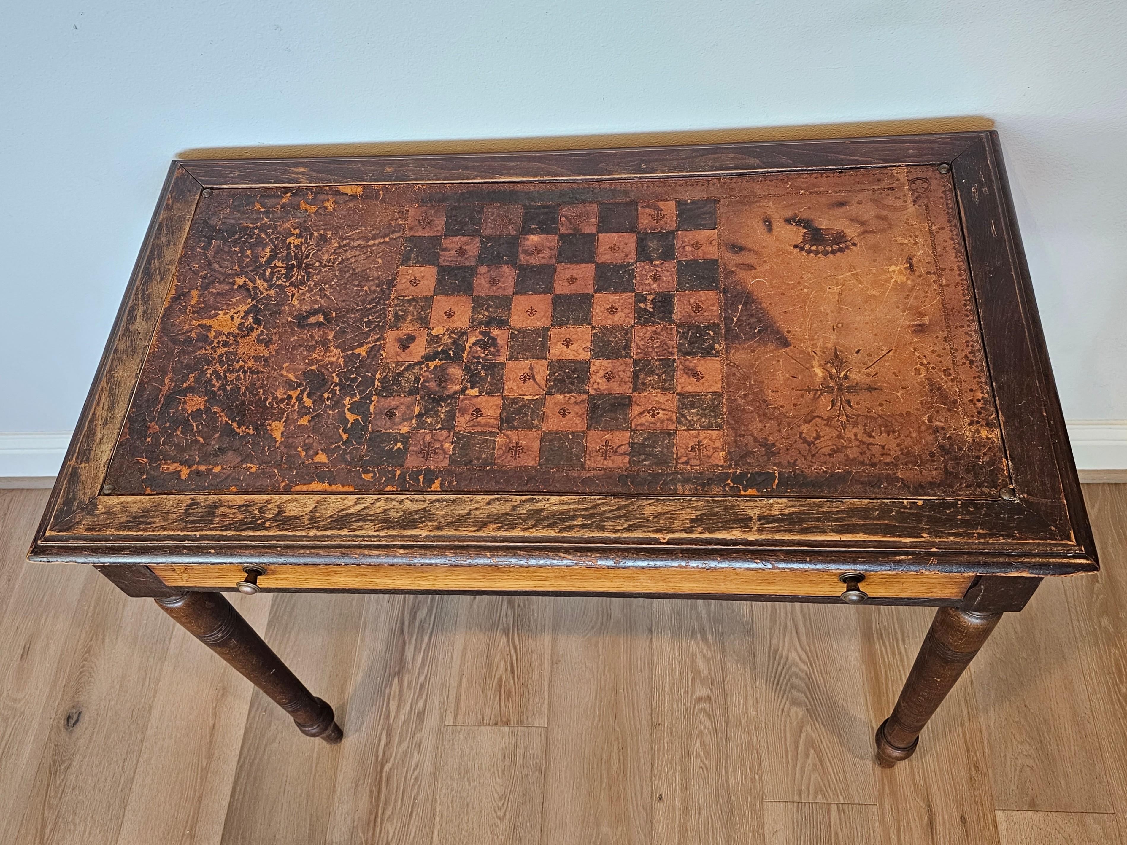 Antique Continental European Embossed Leather Games Table  In Distressed Condition For Sale In Forney, TX