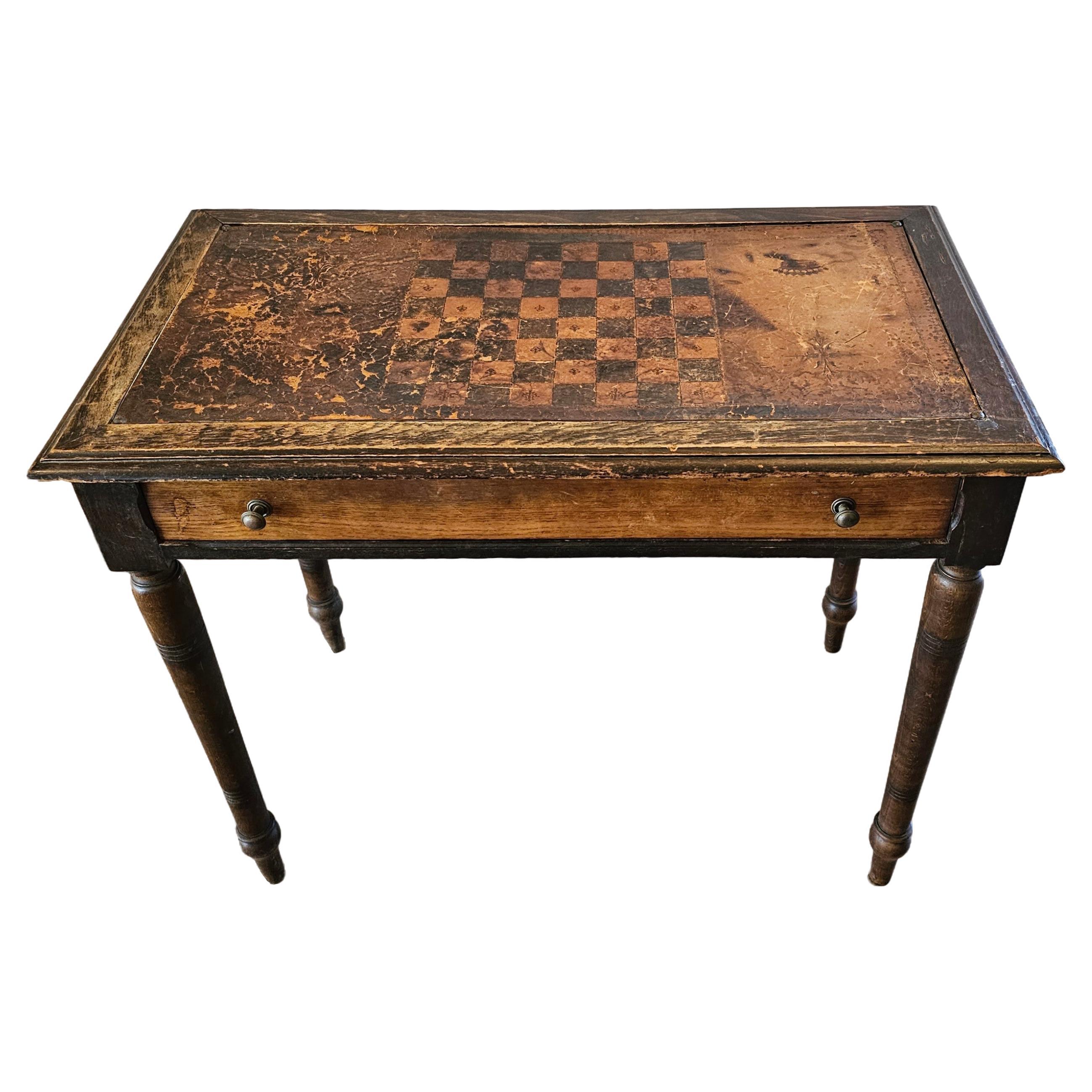 Antique Continental European Embossed Leather Games Table  For Sale