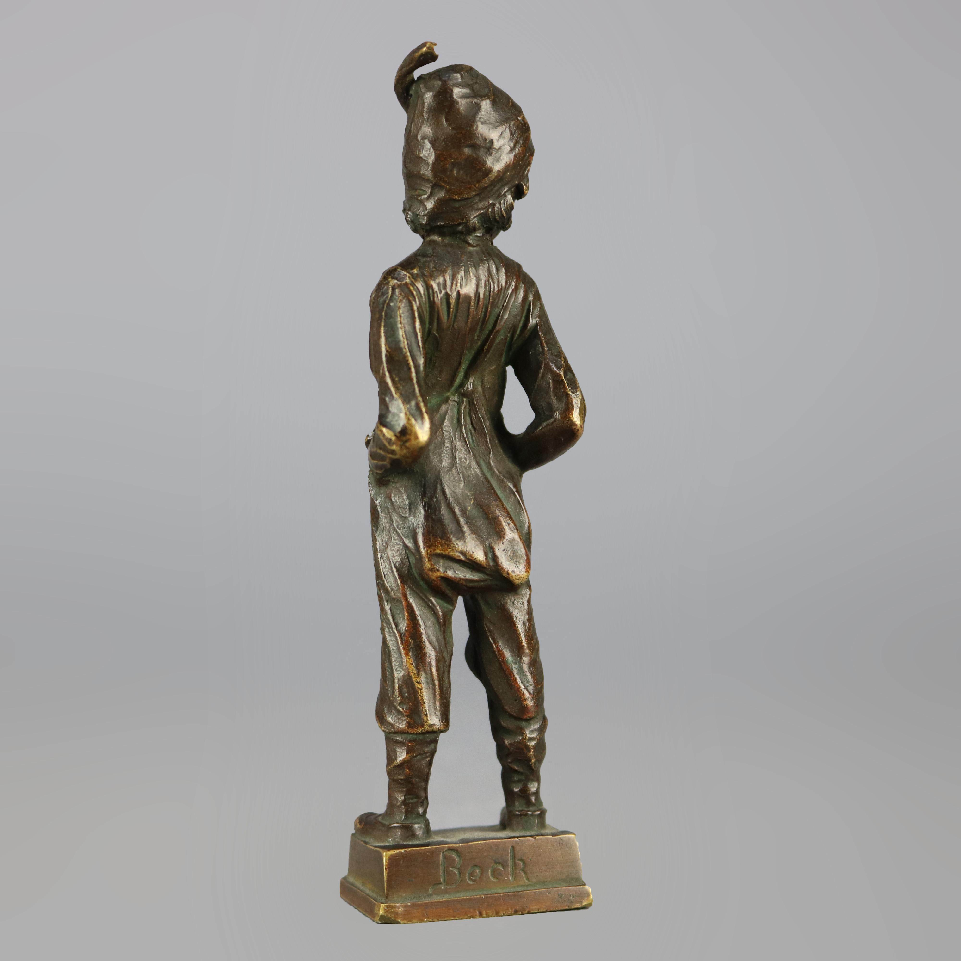 European Antique Continental Figural Bronze Cabinet Sculpture of Boy, Signed Beck