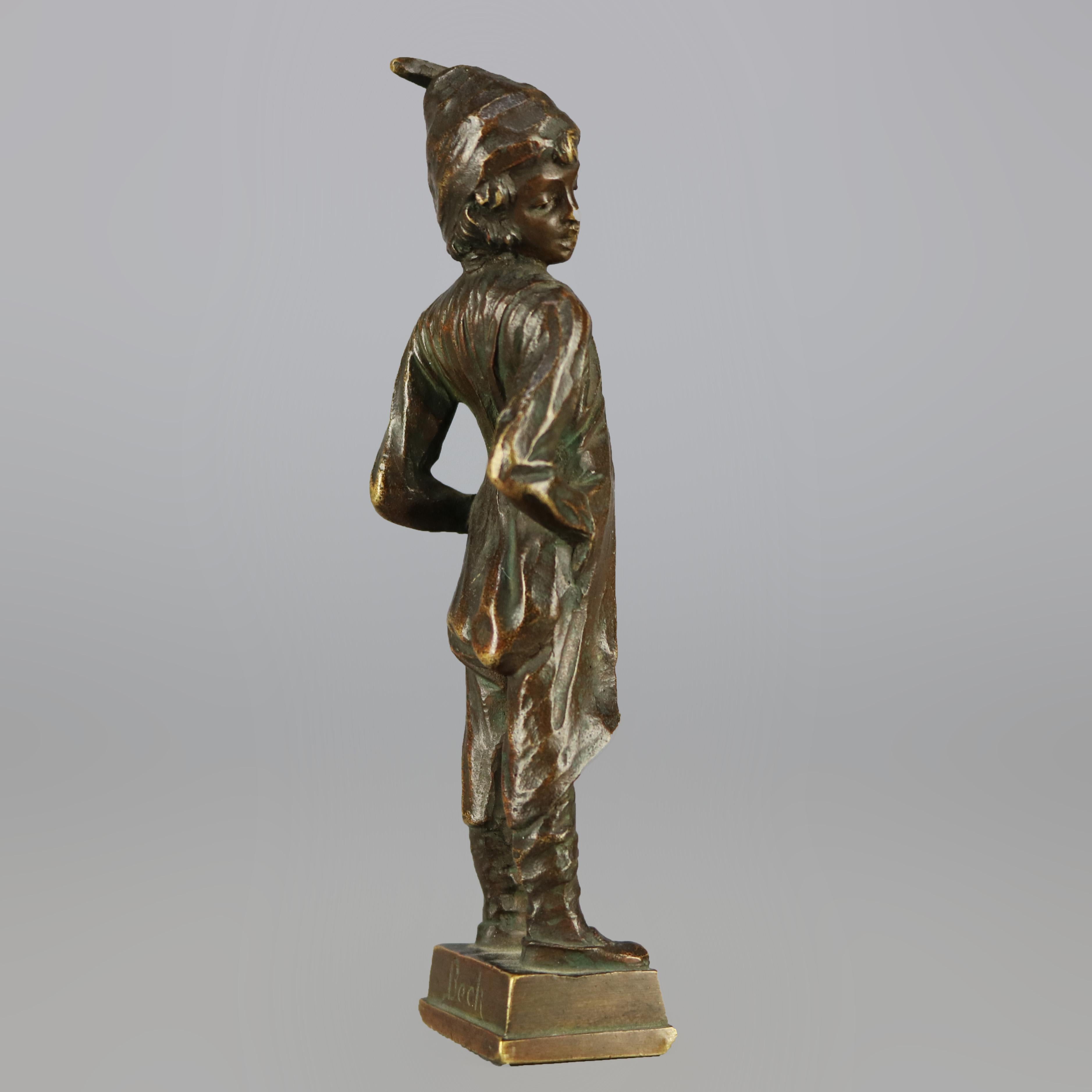 Cast Antique Continental Figural Bronze Cabinet Sculpture of Boy, Signed Beck