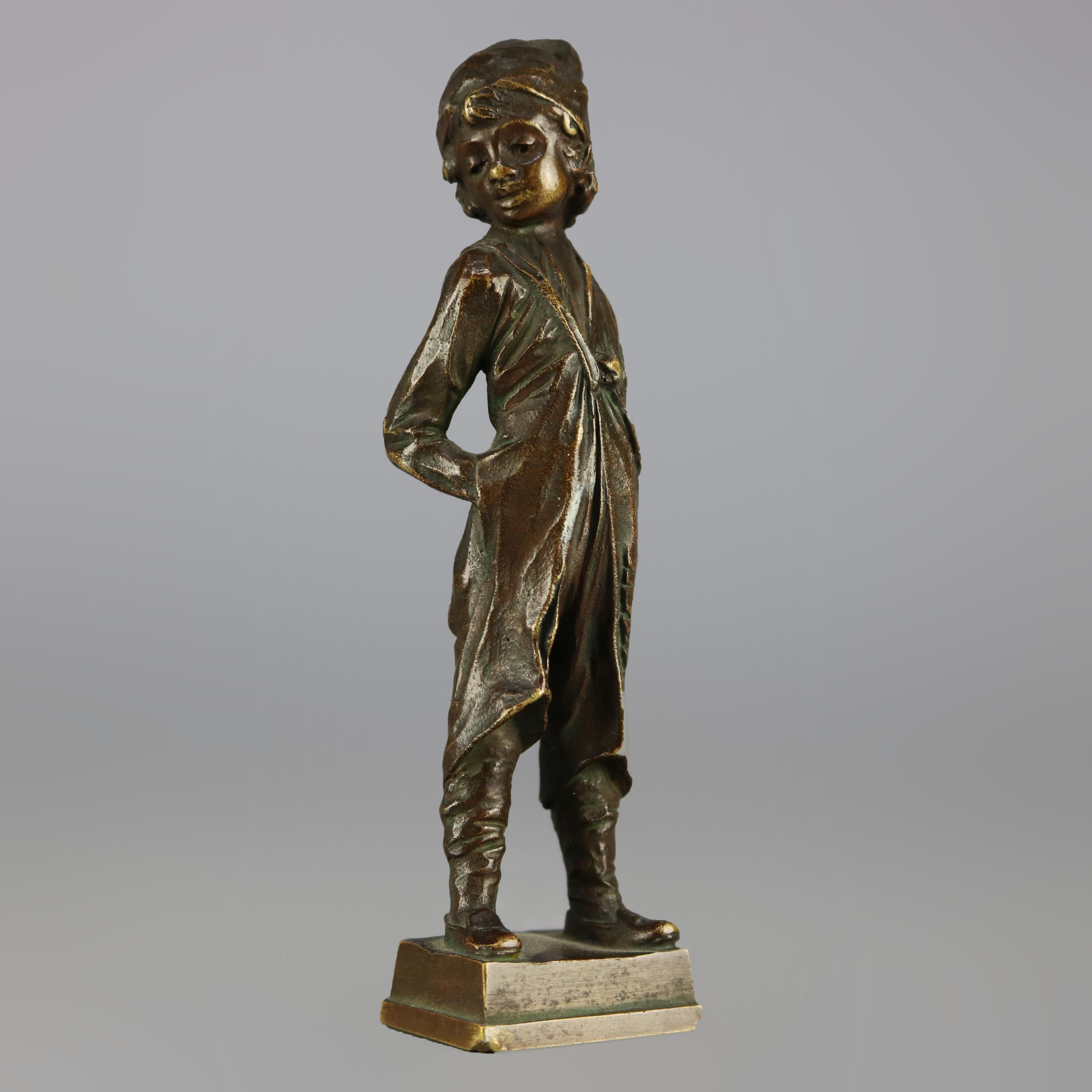 Antique Continental Figural Bronze Cabinet Sculpture of Boy, Signed Beck In Good Condition In Big Flats, NY