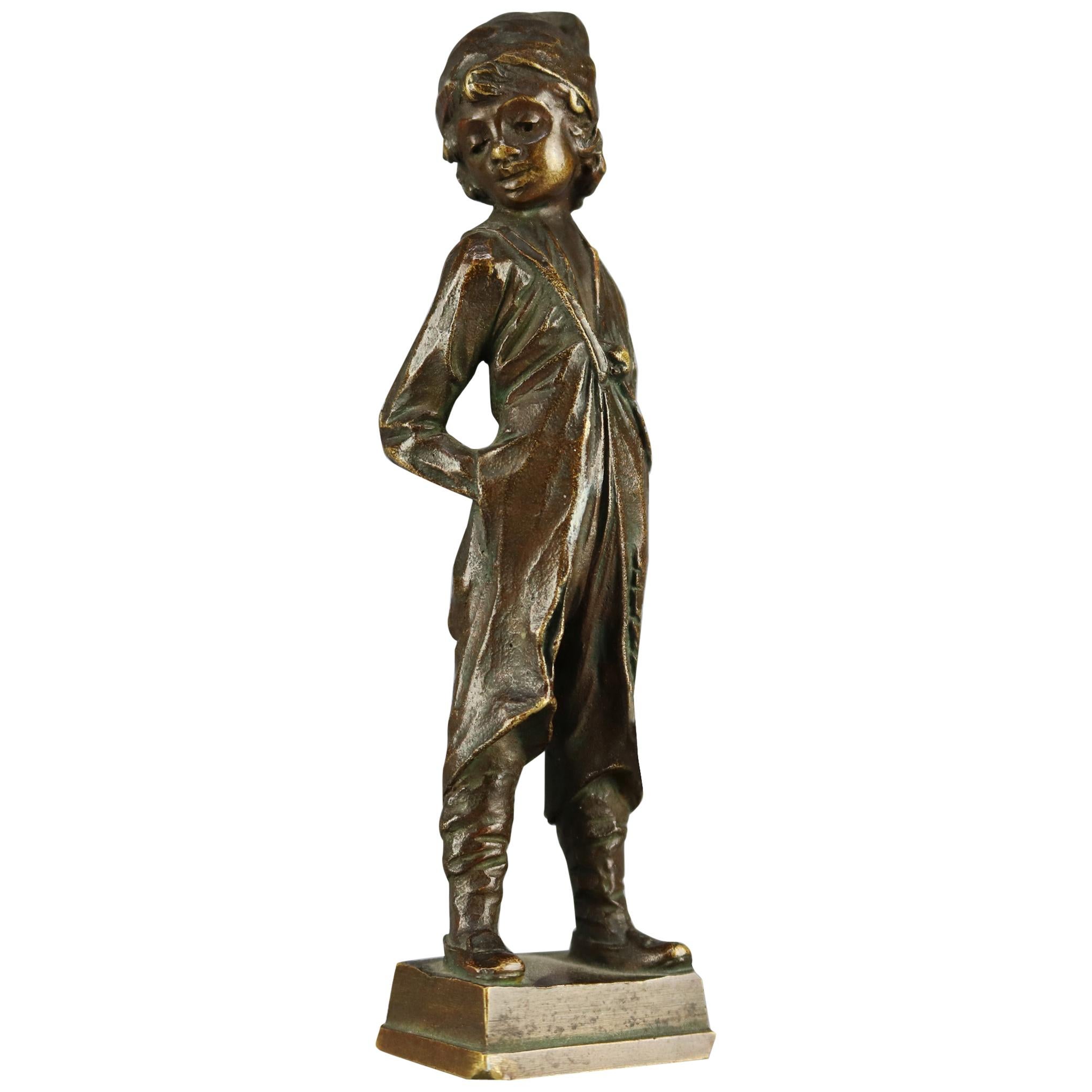 Antique Continental Figural Bronze Cabinet Sculpture of Boy, Signed Beck