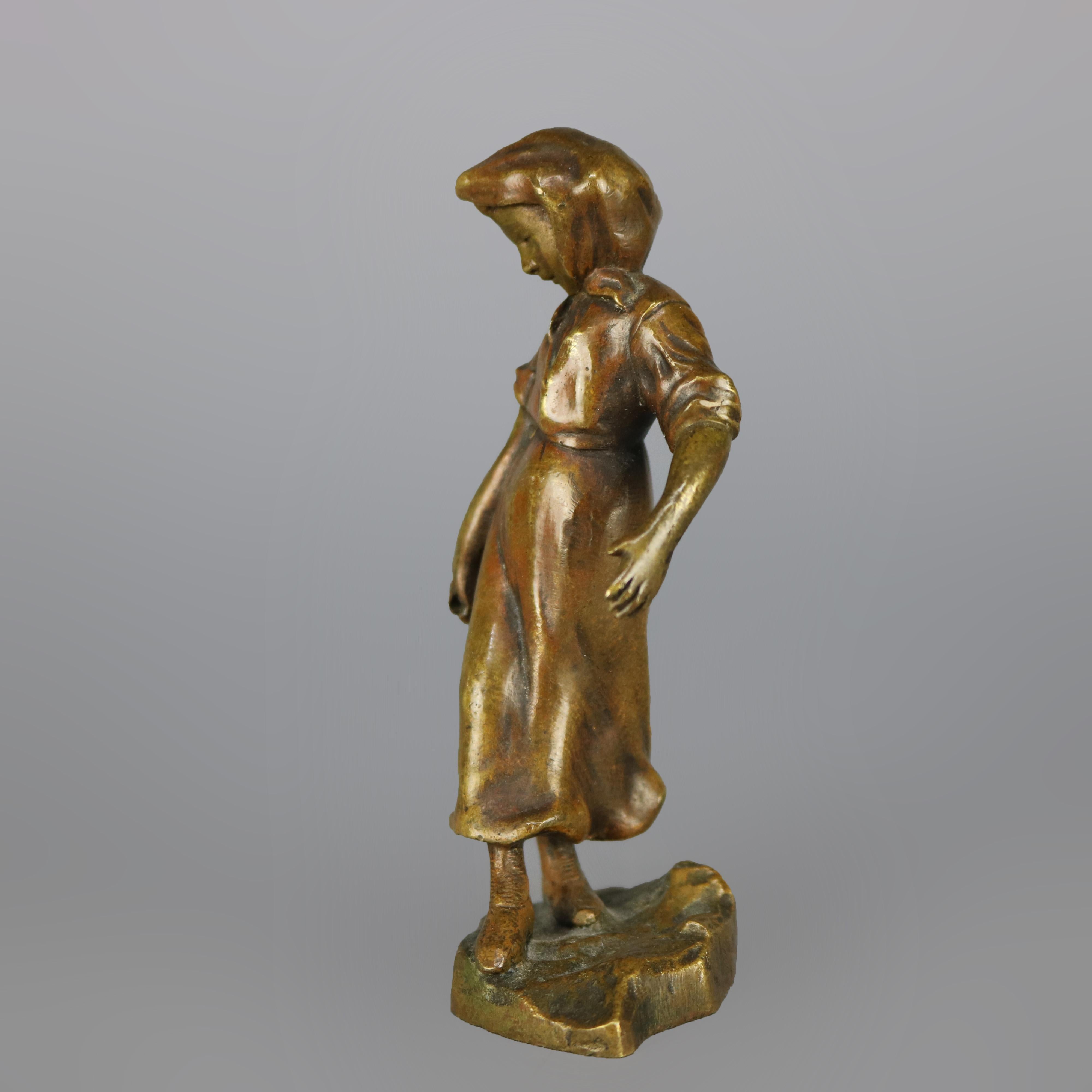 European Antique Continental Figural Bronze Cabinet Sculpture of Girl, circa 1900