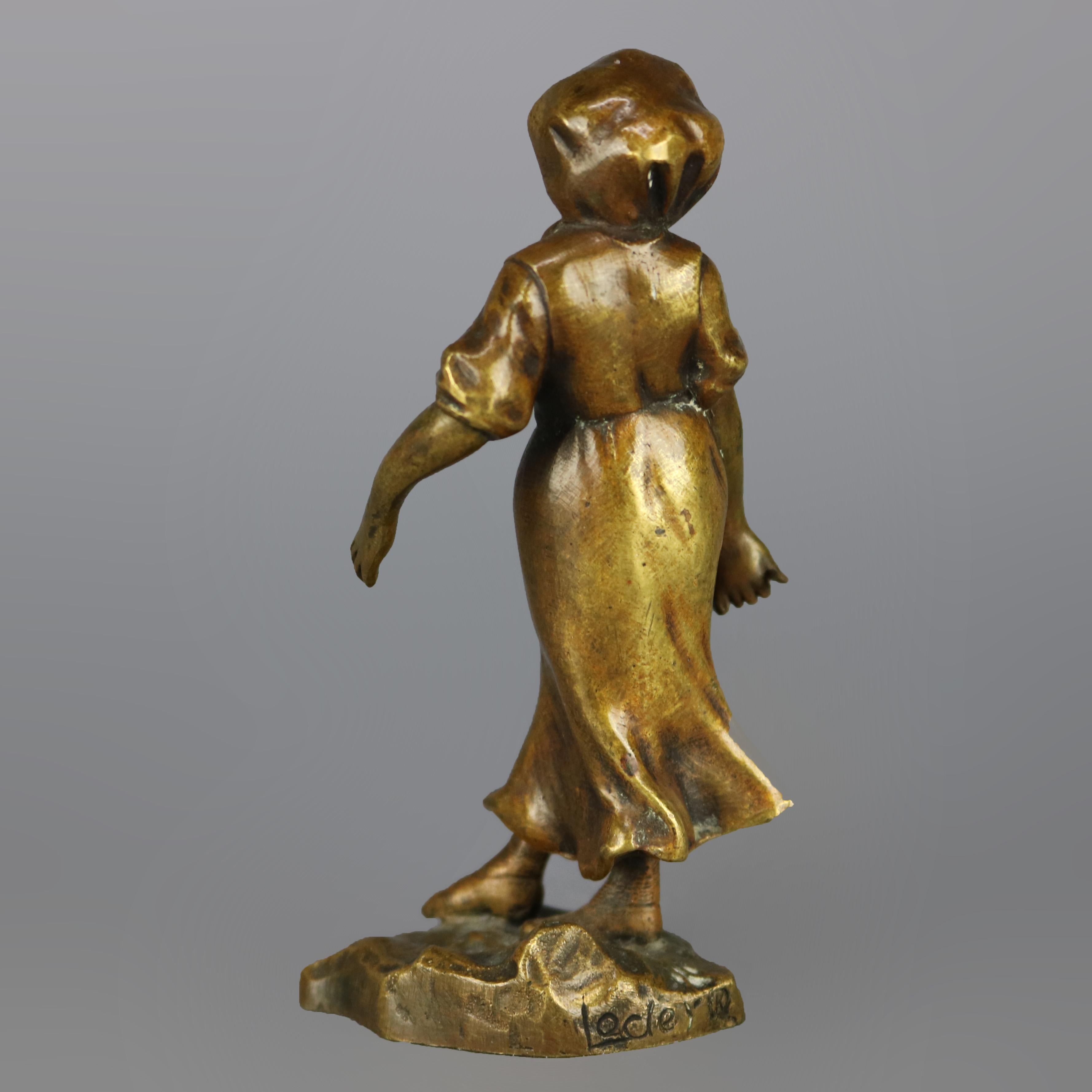 Cast Antique Continental Figural Bronze Cabinet Sculpture of Girl, circa 1900