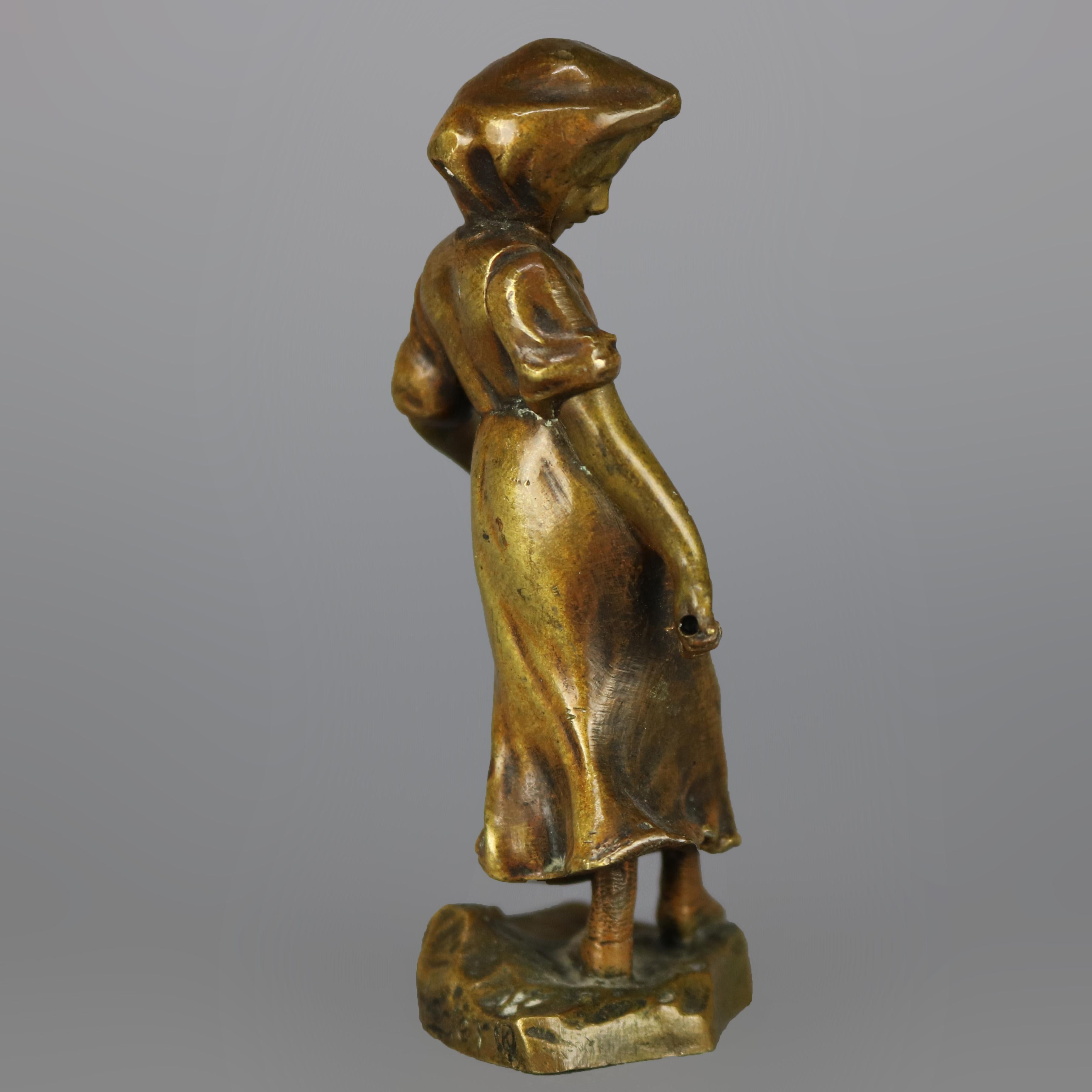 Antique Continental Figural Bronze Cabinet Sculpture of Girl, circa 1900 In Good Condition In Big Flats, NY