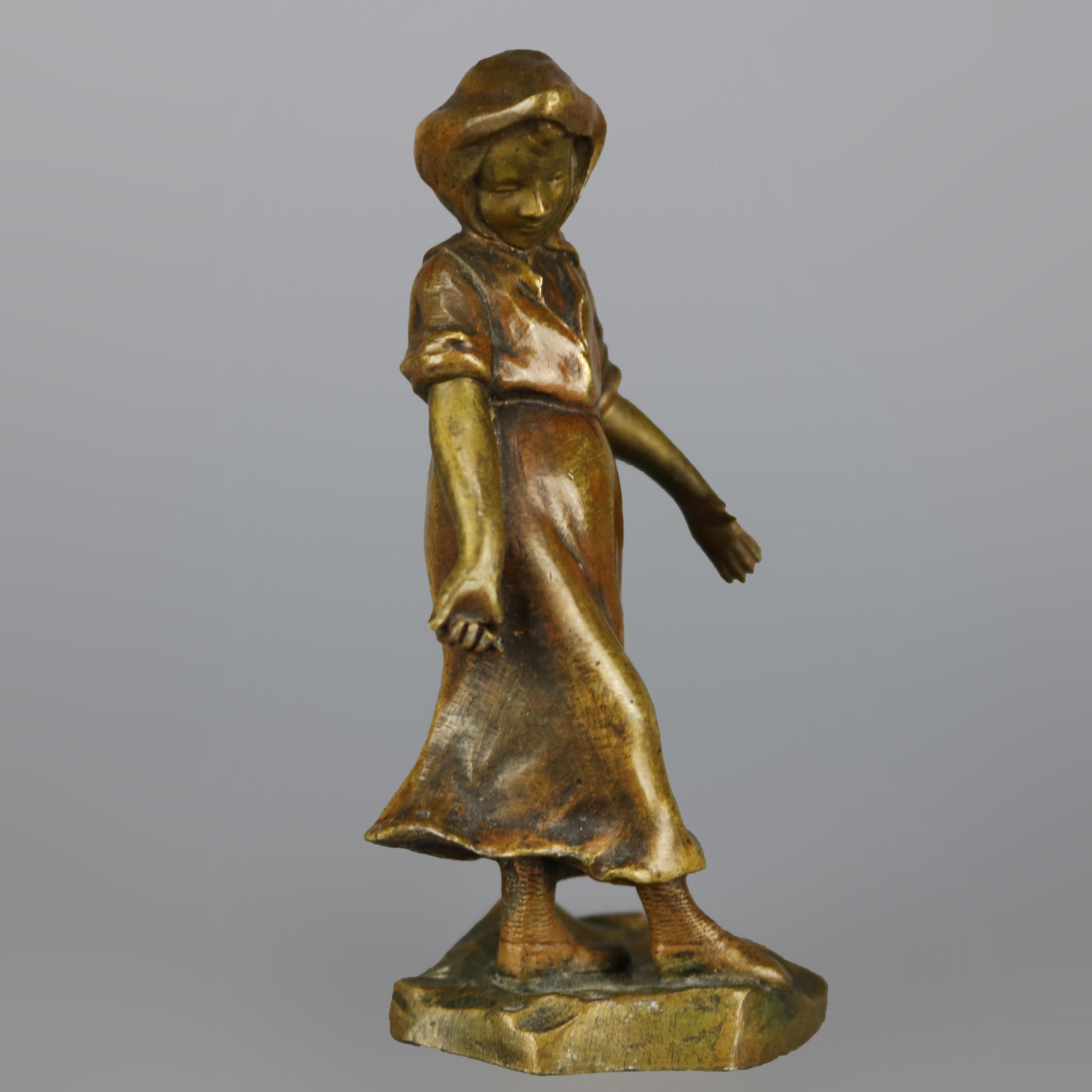 20th Century Antique Continental Figural Bronze Cabinet Sculpture of Girl, circa 1900