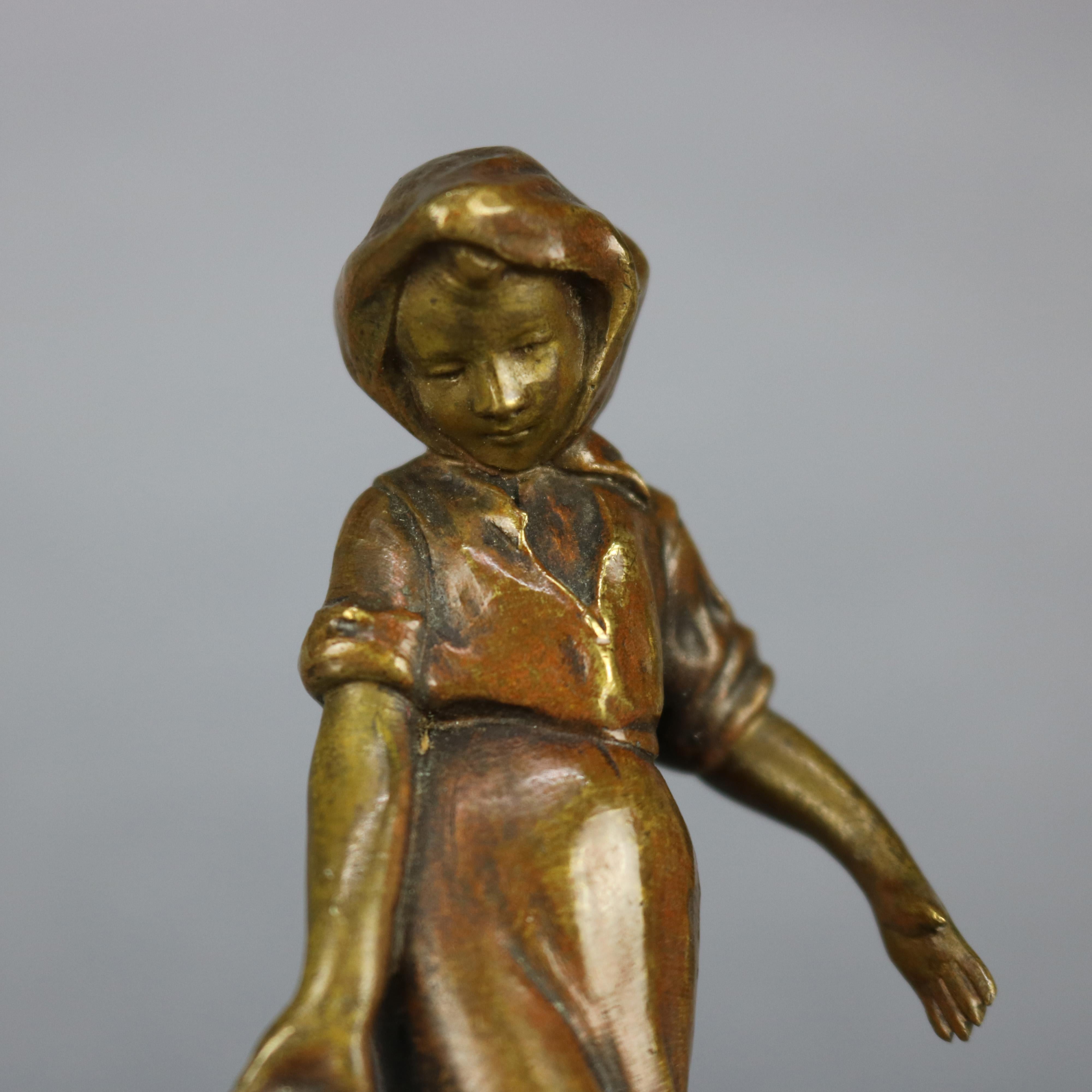 Antique Continental Figural Bronze Cabinet Sculpture of Girl, circa 1900 1