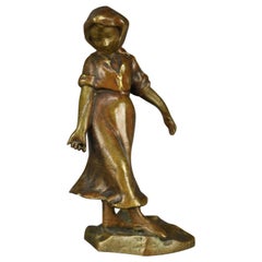 Antique Continental Figural Bronze Cabinet Sculpture of Girl, circa 1900