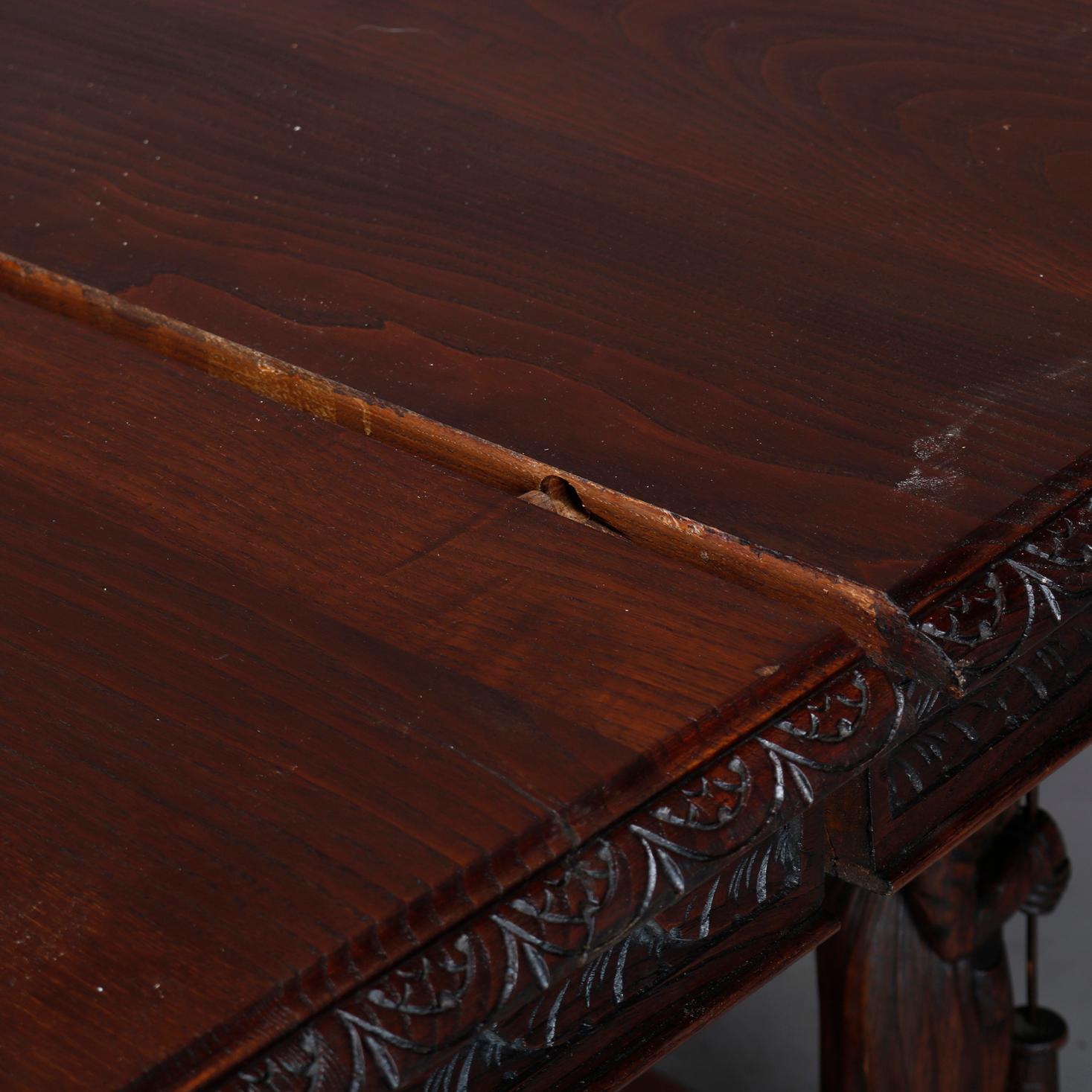 Antique Continental Figural Carved Oak Extension Dining Table and Leaves 5