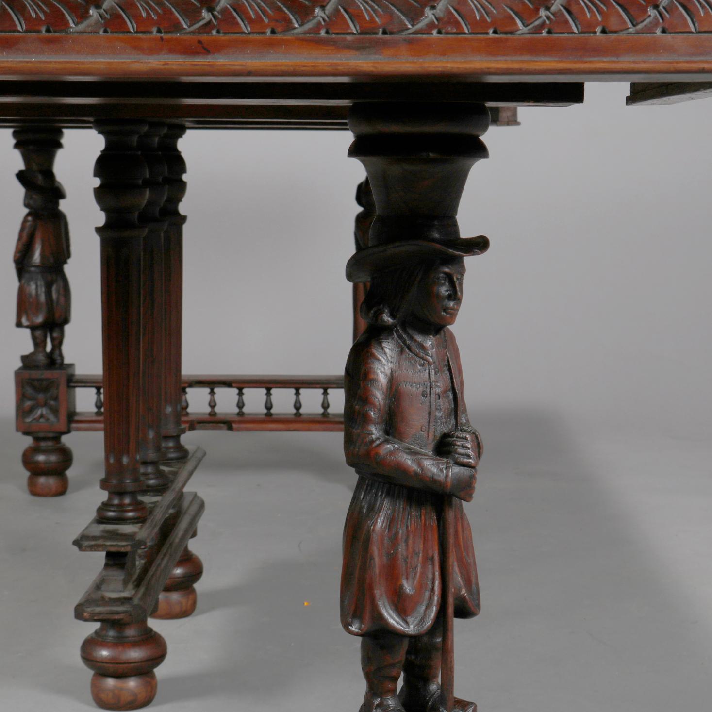 European Antique Continental Figural Carved Oak Extension Dining Table and Leaves