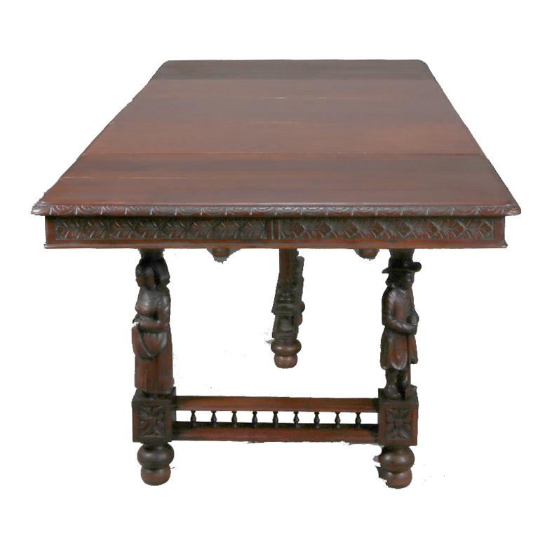 19th Century Antique Continental Figural Carved Oak Extension Dining Table and Leaves