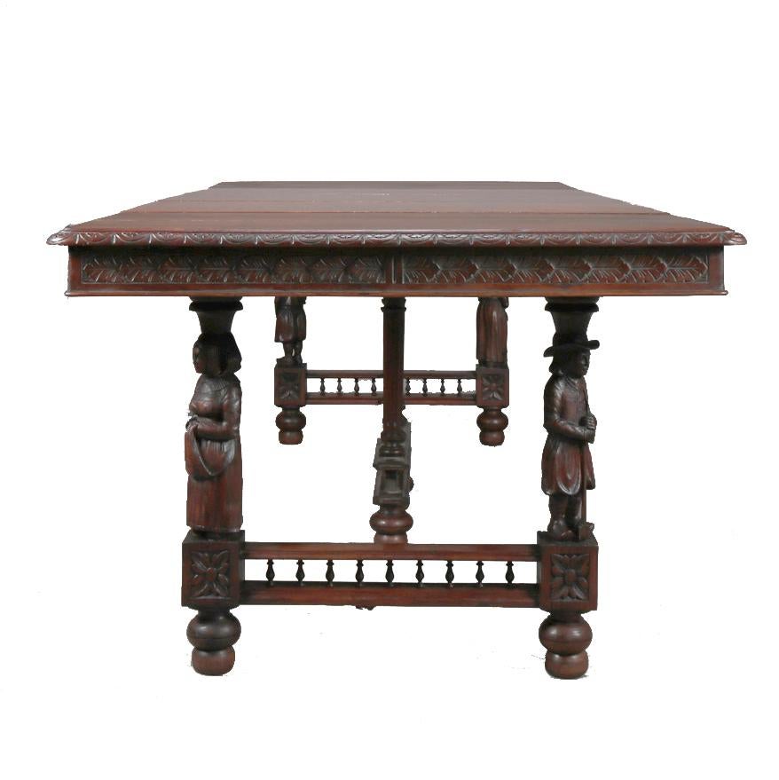 Wood Antique Continental Figural Carved Oak Extension Dining Table and Leaves