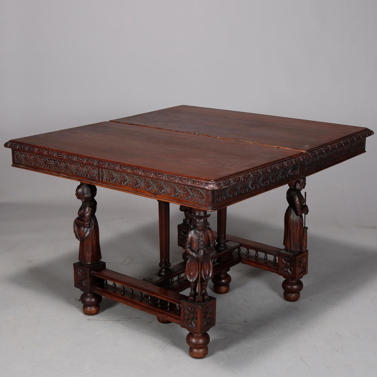 Antique Continental Figural Carved Oak Extension Dining Table and Leaves 1