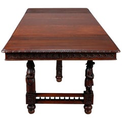 Antique Continental Figural Carved Oak Extension Dining Table and Leaves