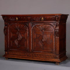 Antique Continental Figural Carved Oak Hunt Sideboard, Circa 1890