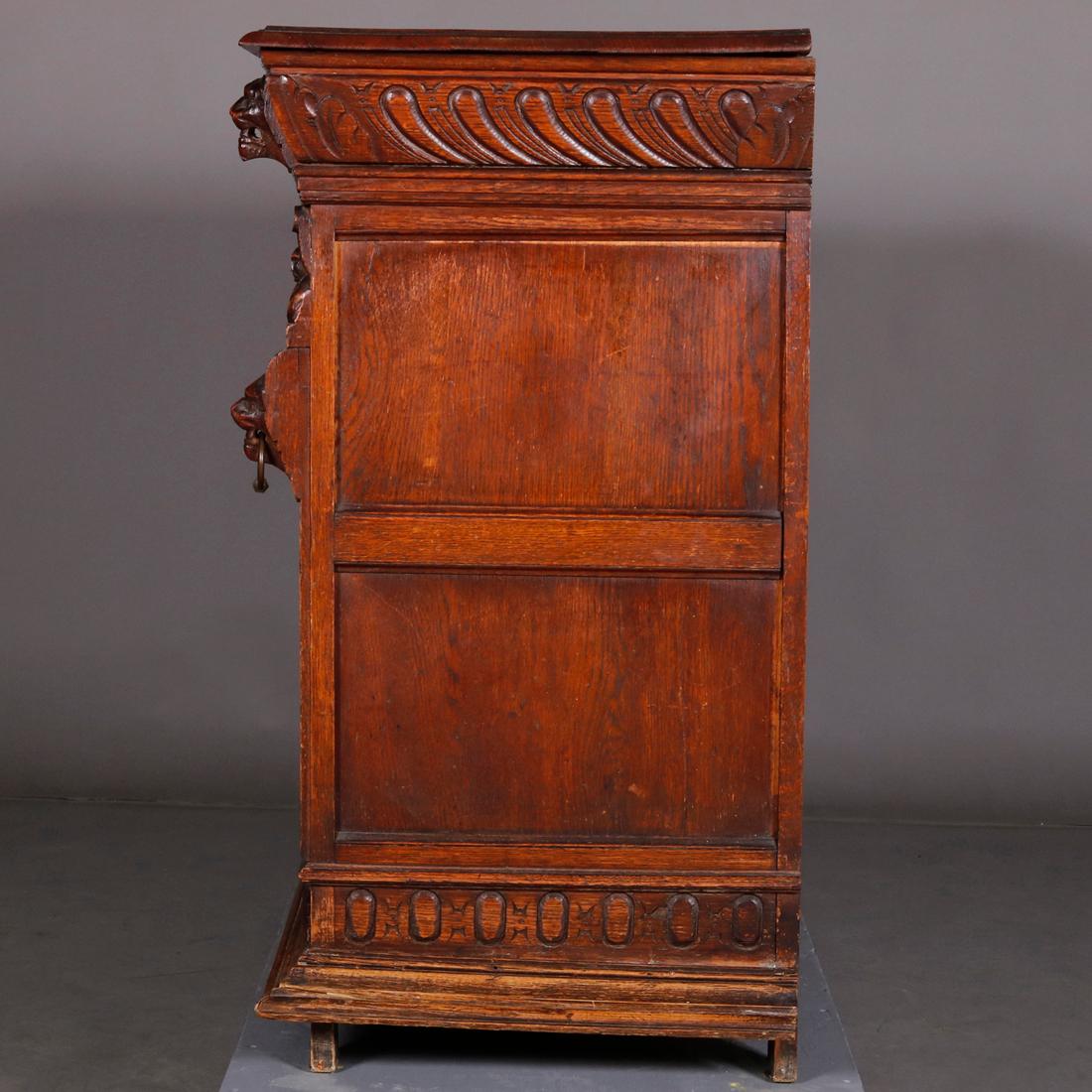 Gothic Antique Continental Figural Carved Oak Hunt Sideboard, Circa 1890