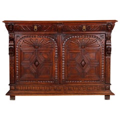 Antique Continental Figural Carved Oak Hunt Sideboard, Circa 1890