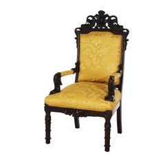 Antique Continental Figural Dolphin Carved Mahogany Upholstered Armchair C1870