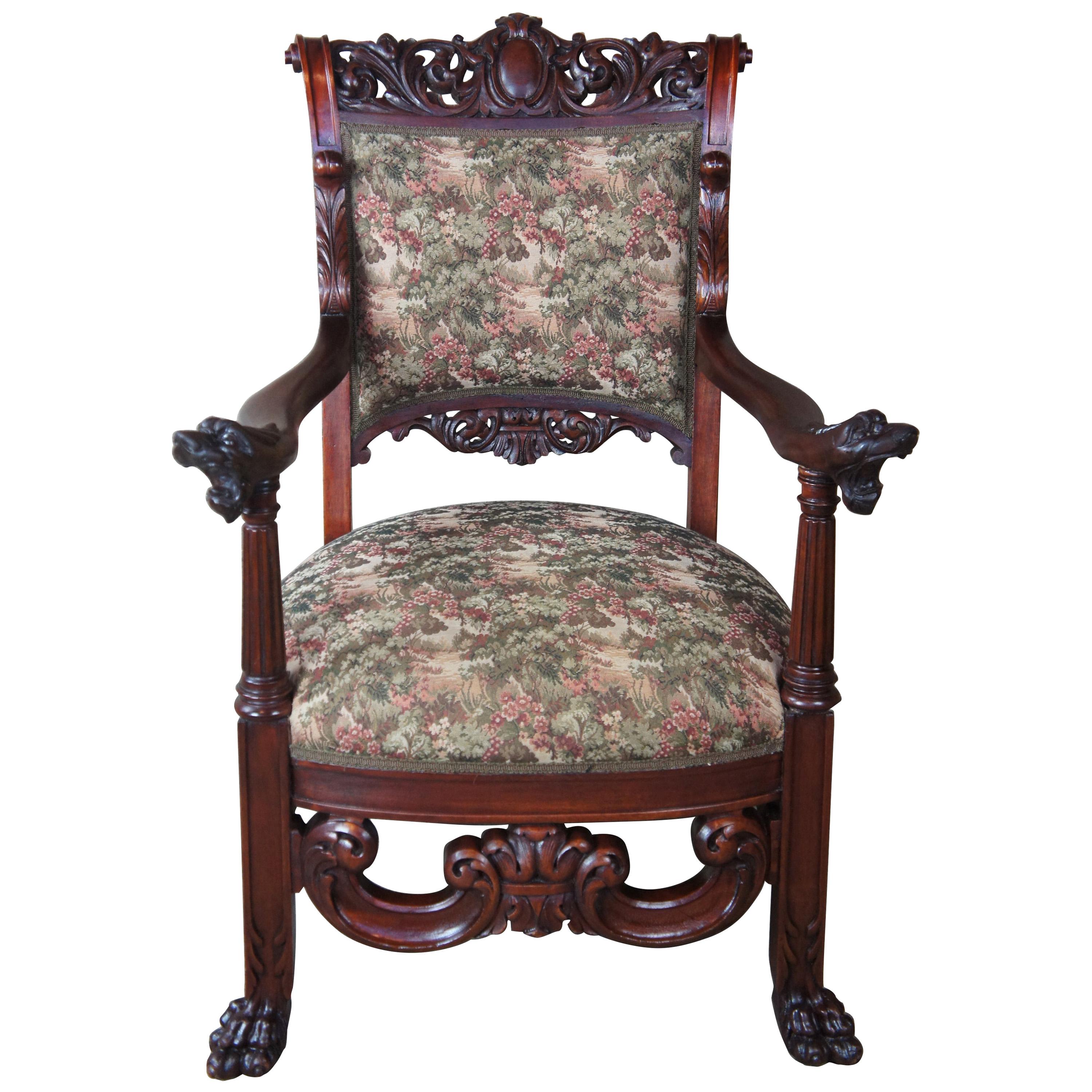 Antique Continental Figural Mahogany Parlor Chair Baroque High Relief Aubusson
