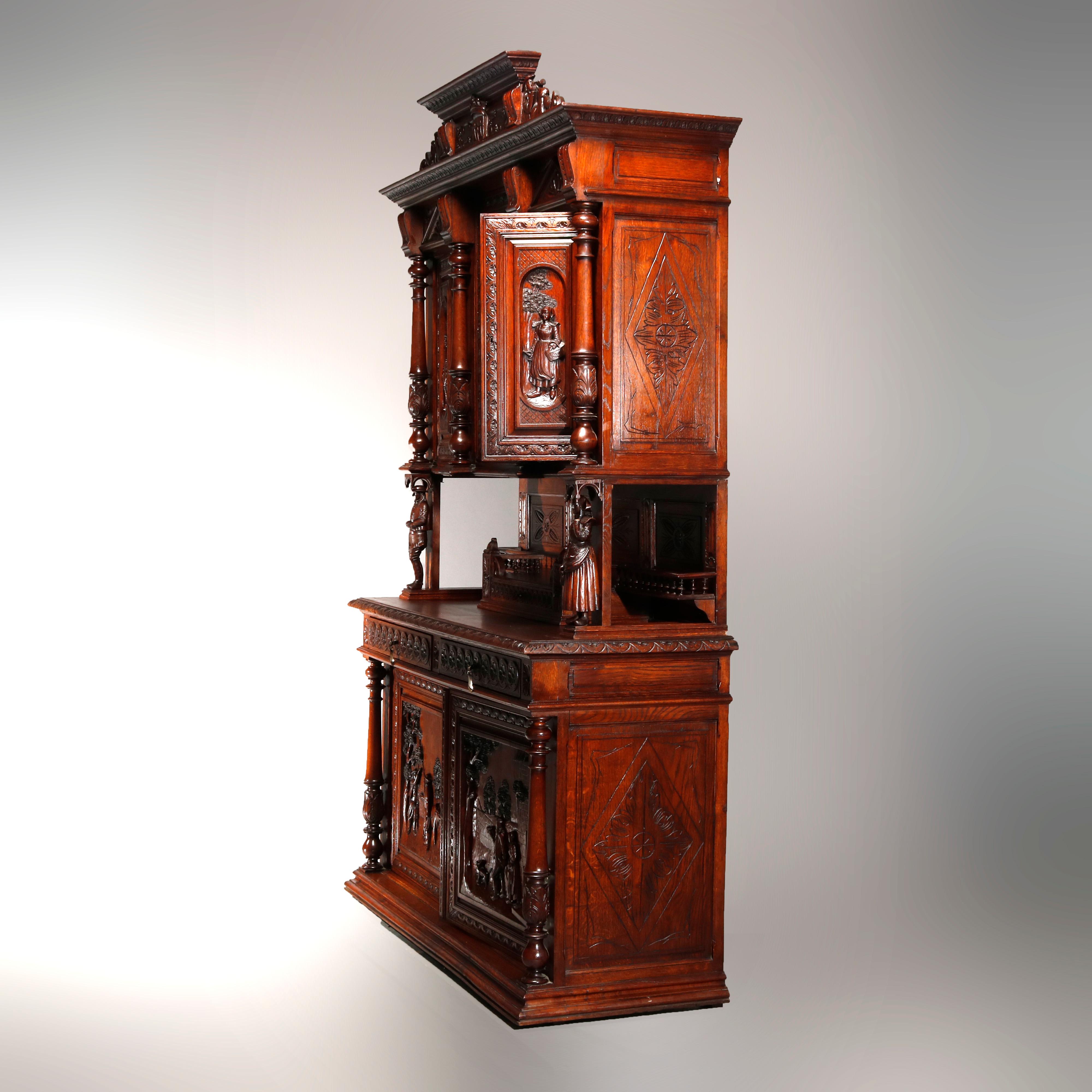 An antique Continental figural hunt or court cupboard offers oak construction with deeply carved panels depicting genre scenes, crest having crown and flanking musicians over triple door cabinet with lower gallery having carved foliate elements,