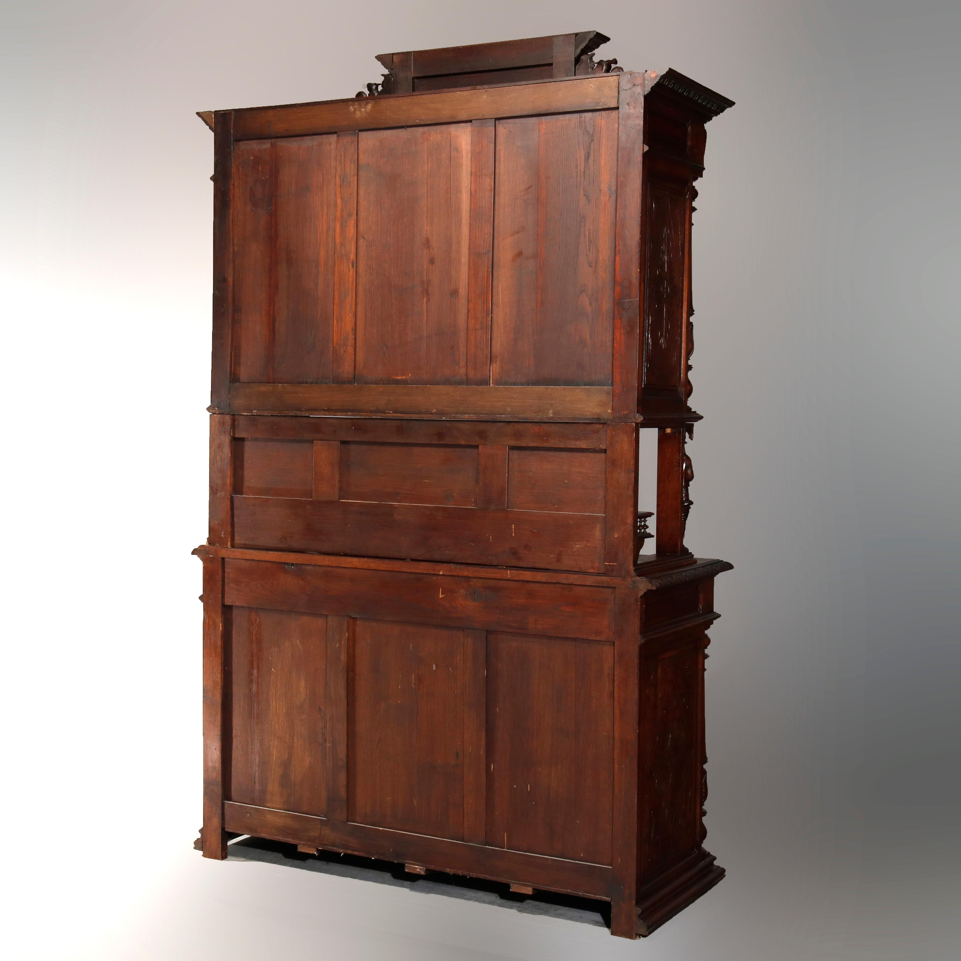 Antique Continental Figural Statuary Carved Oak Hunt Cupboard Cabinet circa 1890 In Good Condition In Big Flats, NY