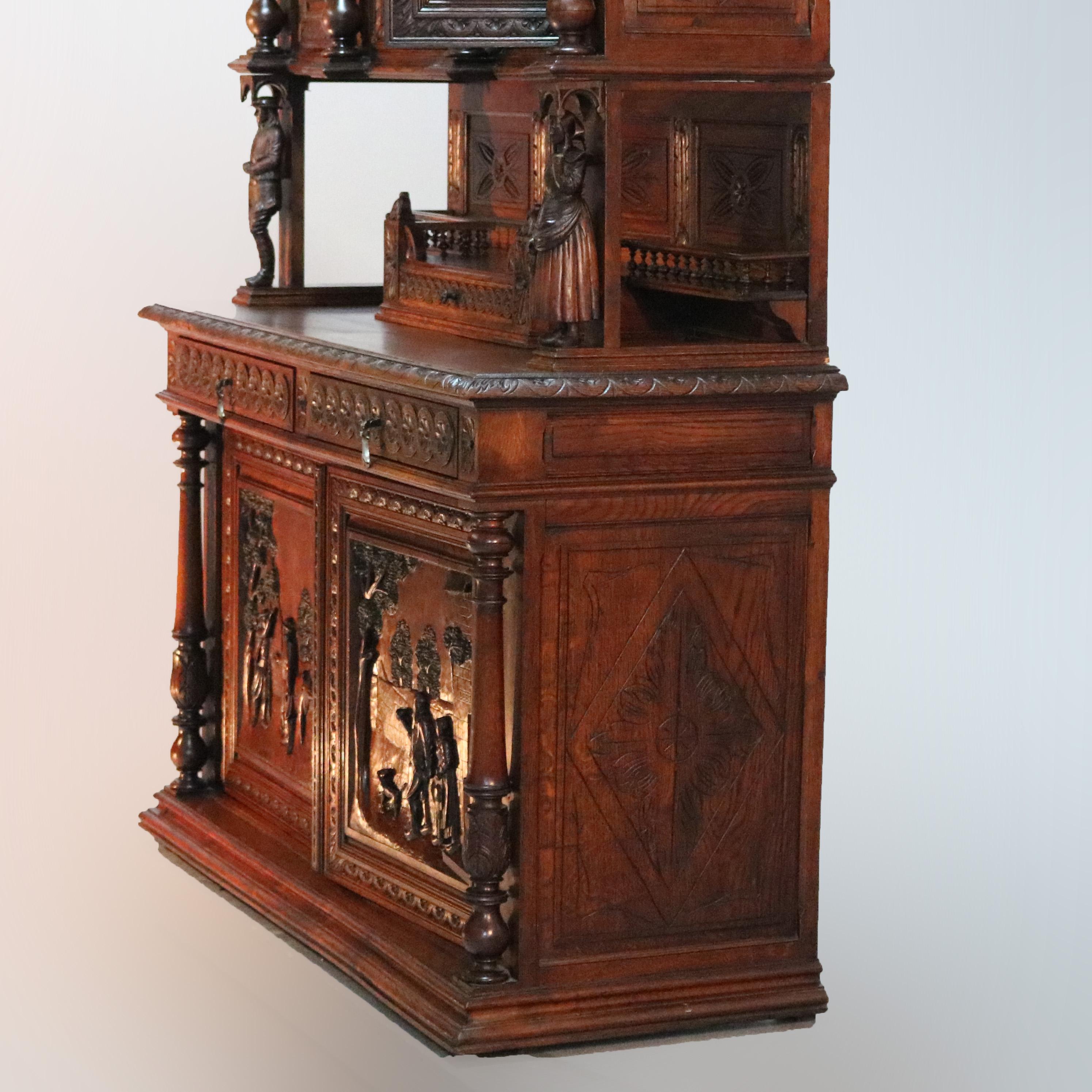 Antique Continental Figural Statuary Carved Oak Hunt Cupboard Cabinet circa 1890 1