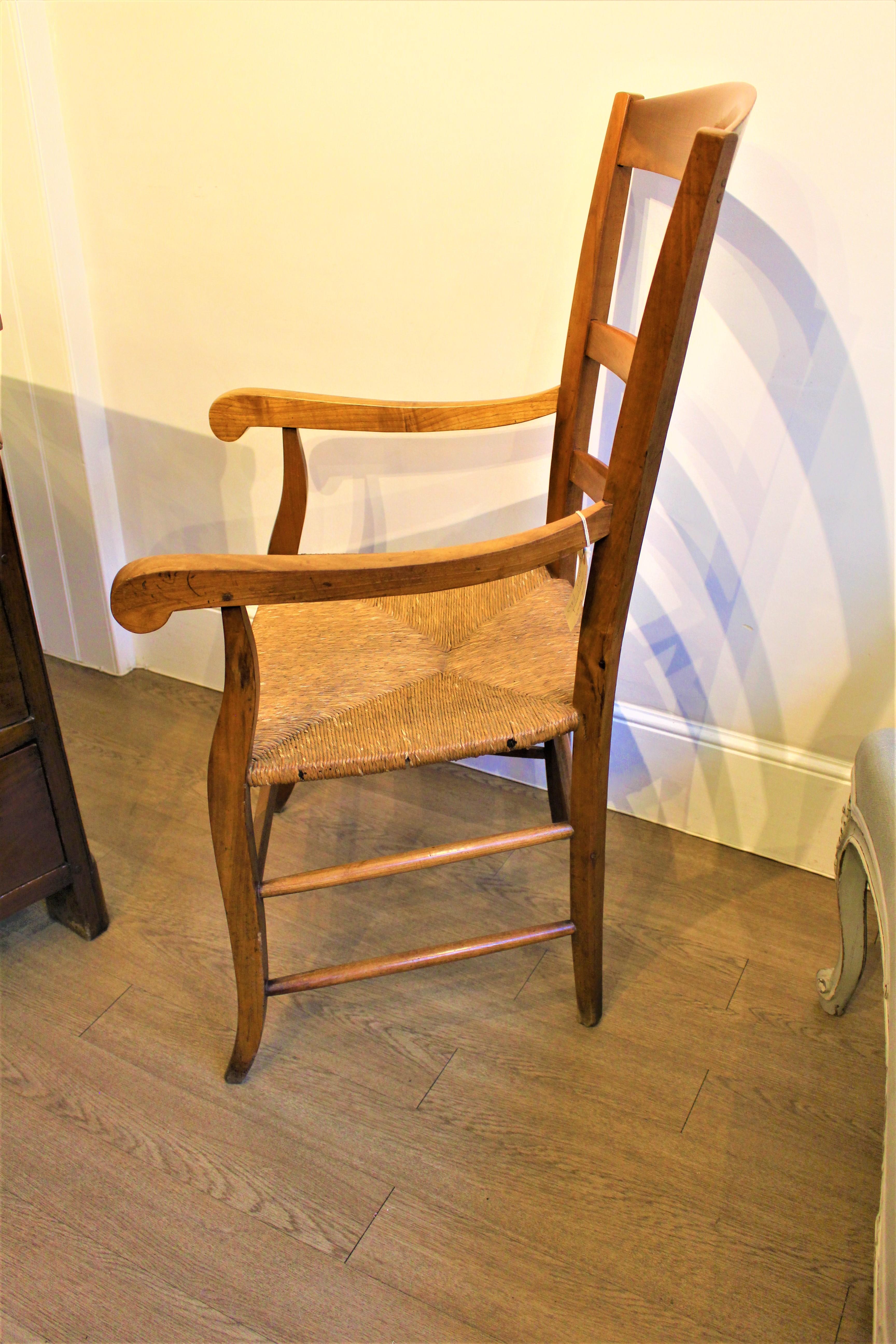 Antique Continental French Rustic Country Provincial Cherry Armchair Rush Seat In Good Condition For Sale In Dorking, Surrey