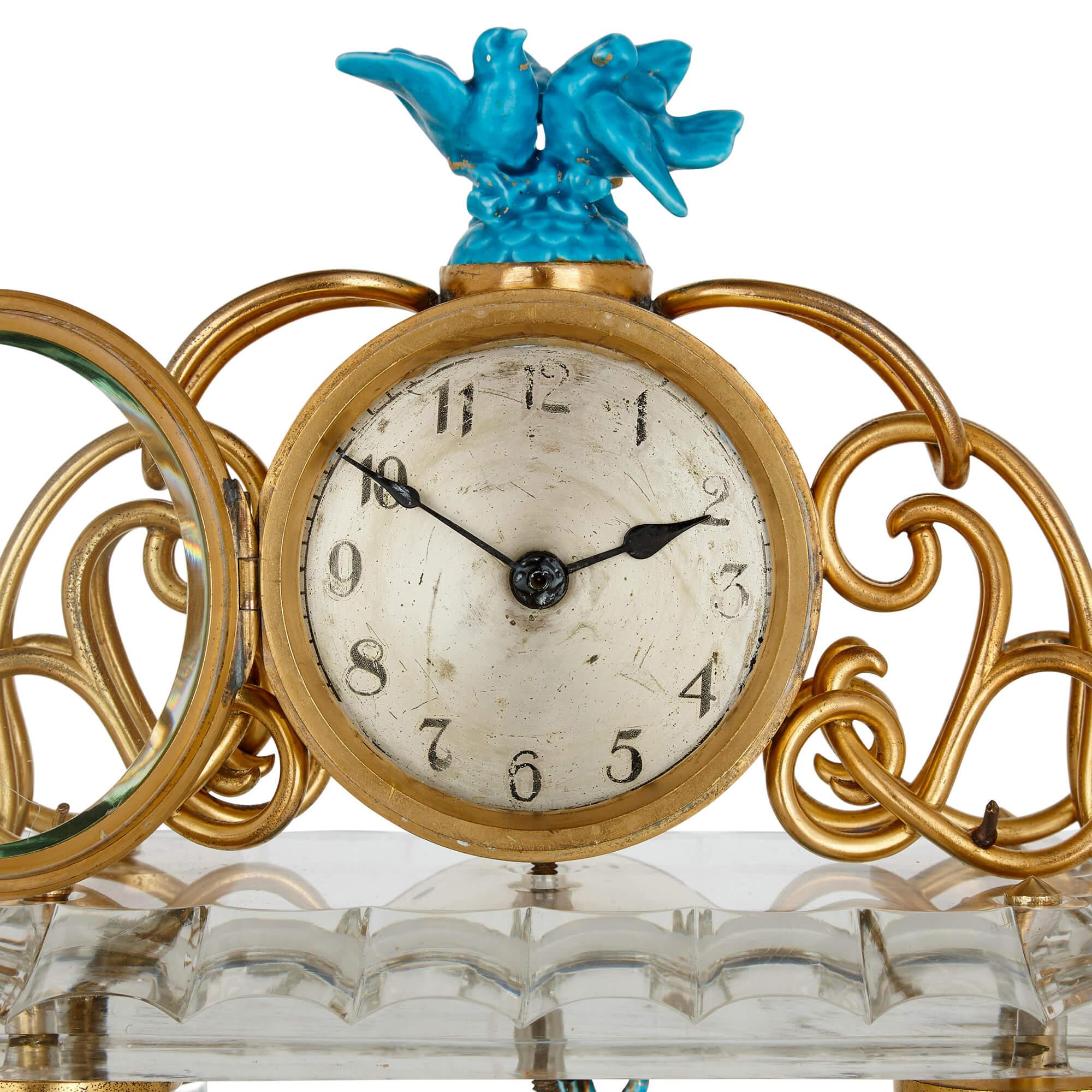 European Antique Continental Gilt Bronze, Cut Glass, and Porcelain Clock Set For Sale