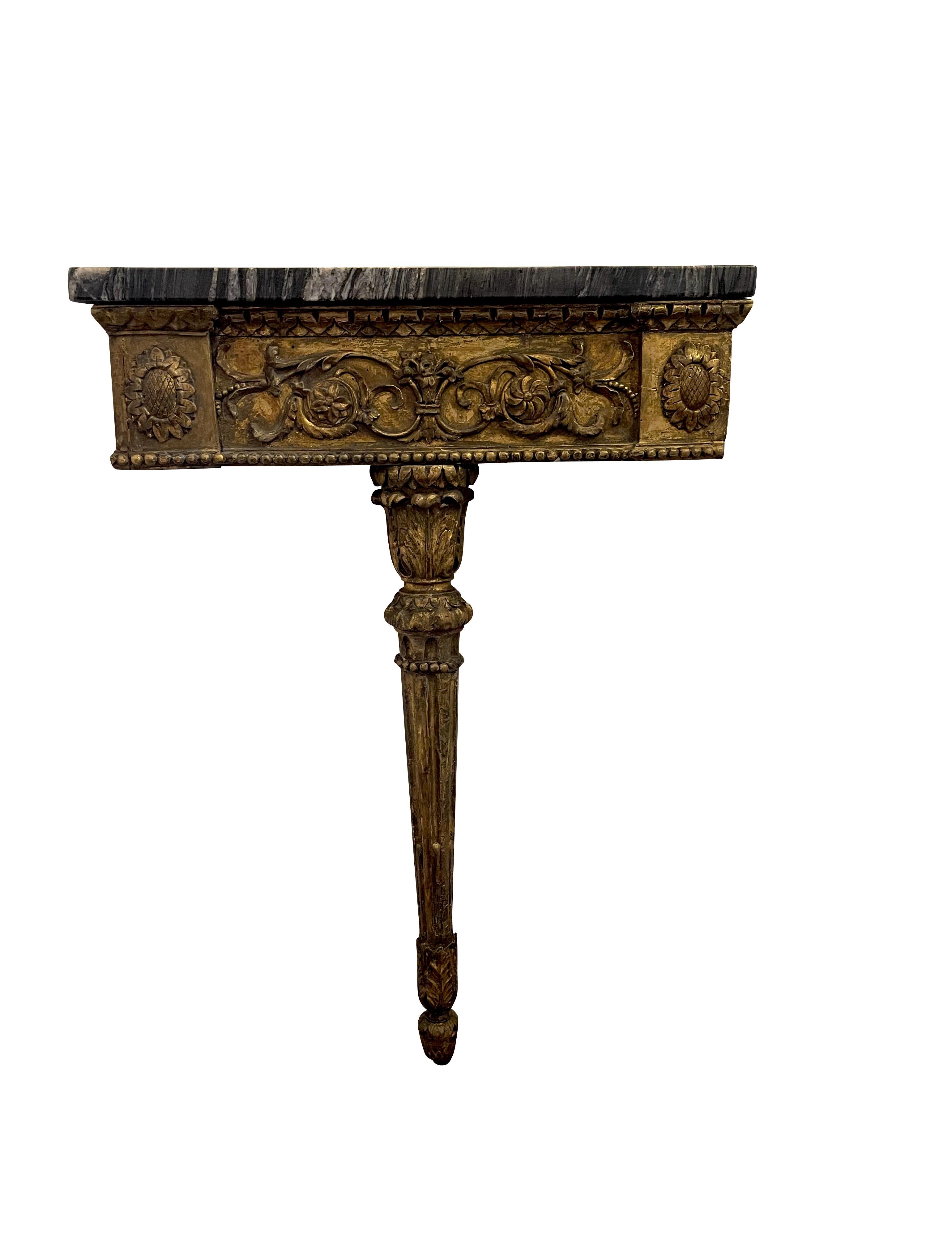 Louis XV Antique Continental Gilt Mounted Corner Tables  with Black and Gold Marble Top For Sale