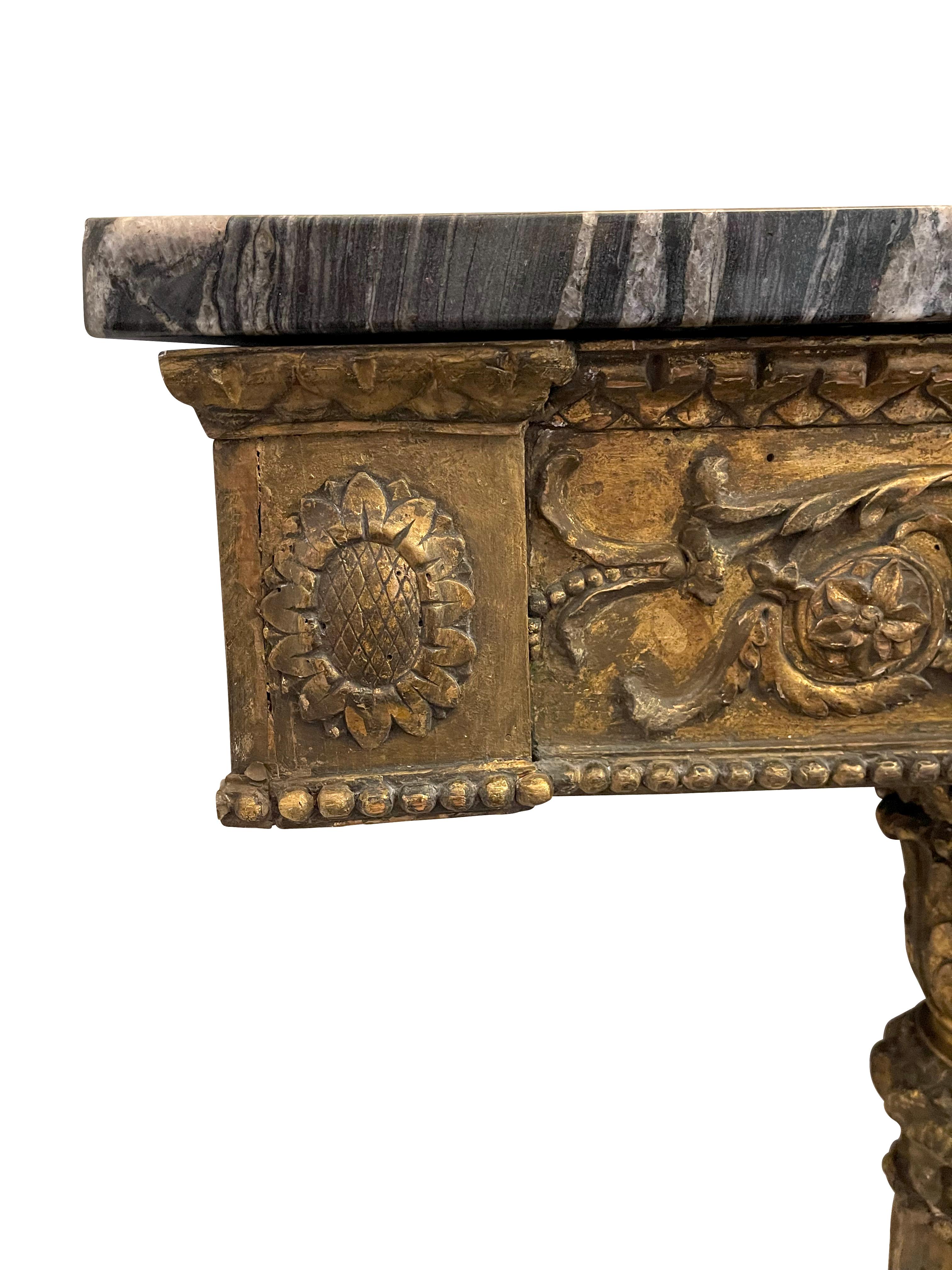 Louis XV Antique Continental Gilt Mounted Corner Tables  with Black and Gold Marble Top For Sale