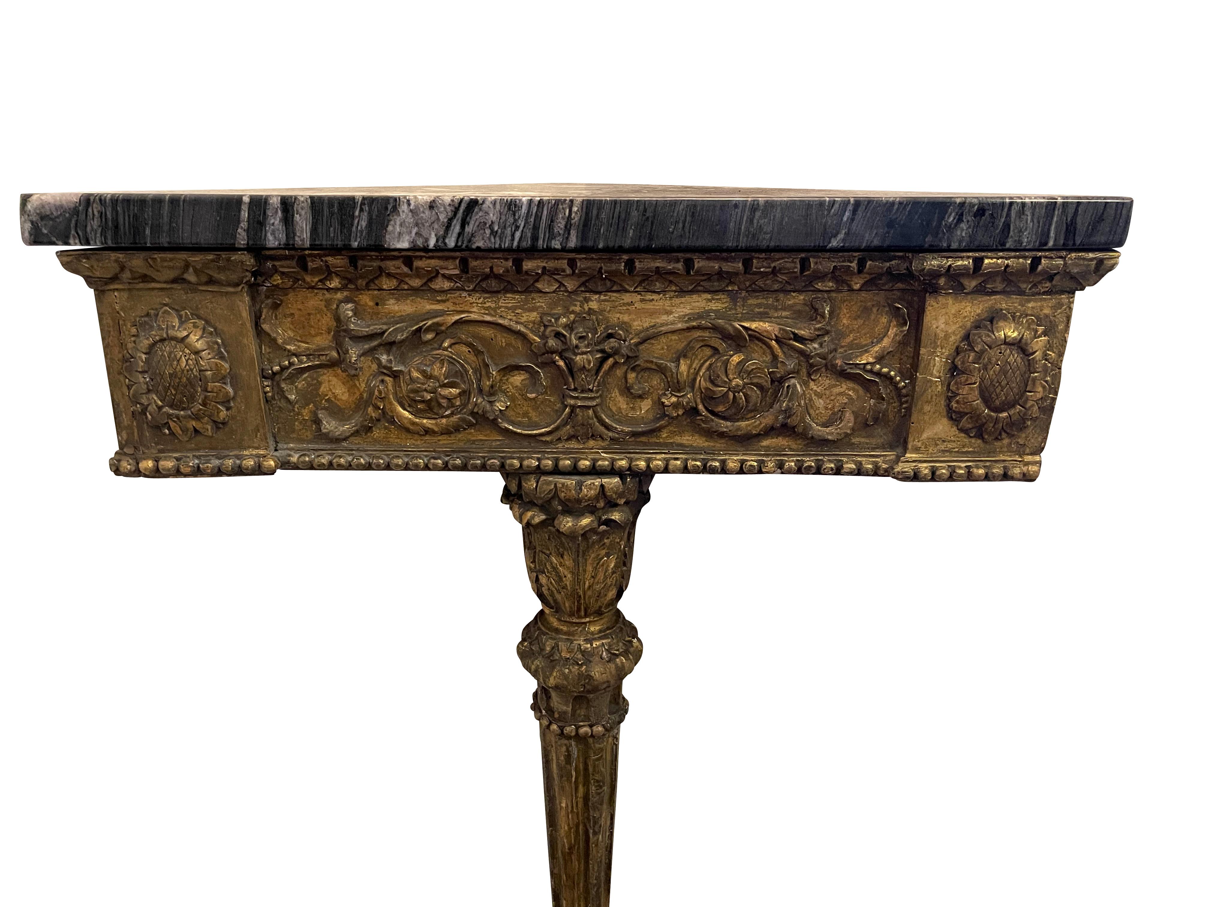 Hand-Carved Antique Continental Gilt Mounted Corner Tables  with Black and Gold Marble Top For Sale