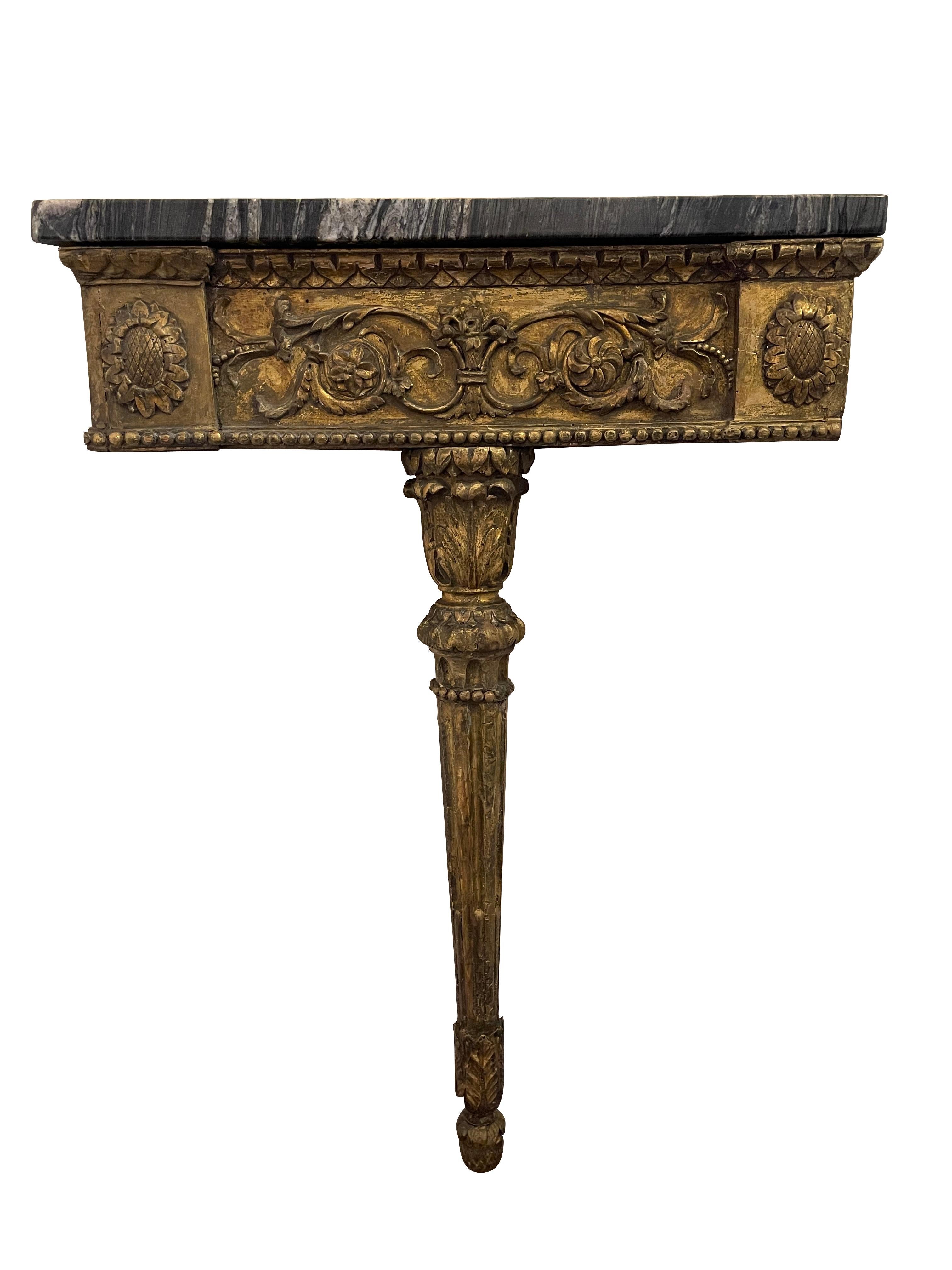 Mid-19th Century Antique Continental Gilt Mounted Corner Tables  with Black and Gold Marble Top For Sale