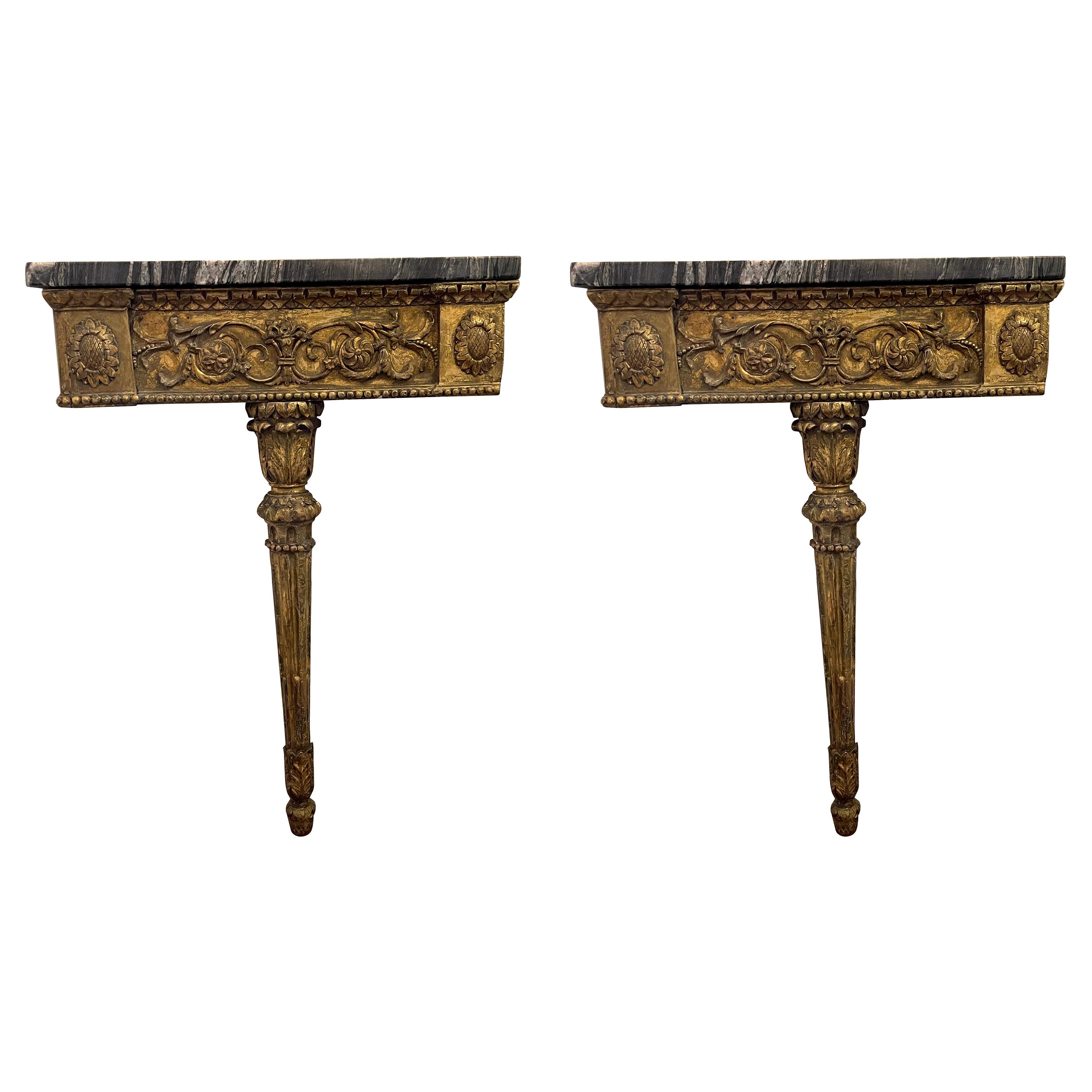 Antique Continental Gilt Mounted Corner Tables  with Black and Gold Marble Top