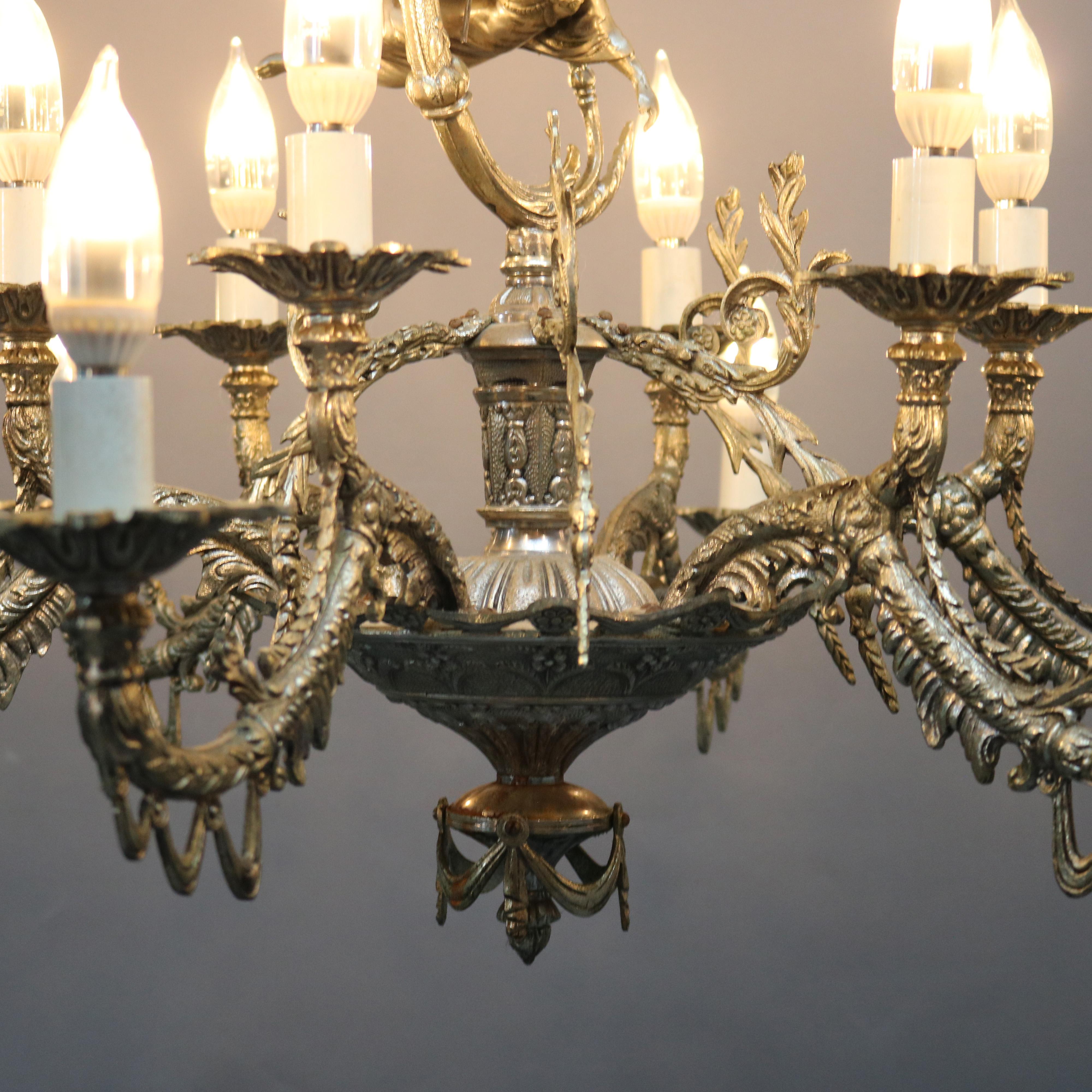 Antique Continental Gilt Silver Figural 12 Light Chandelier with Angel, c1930 4