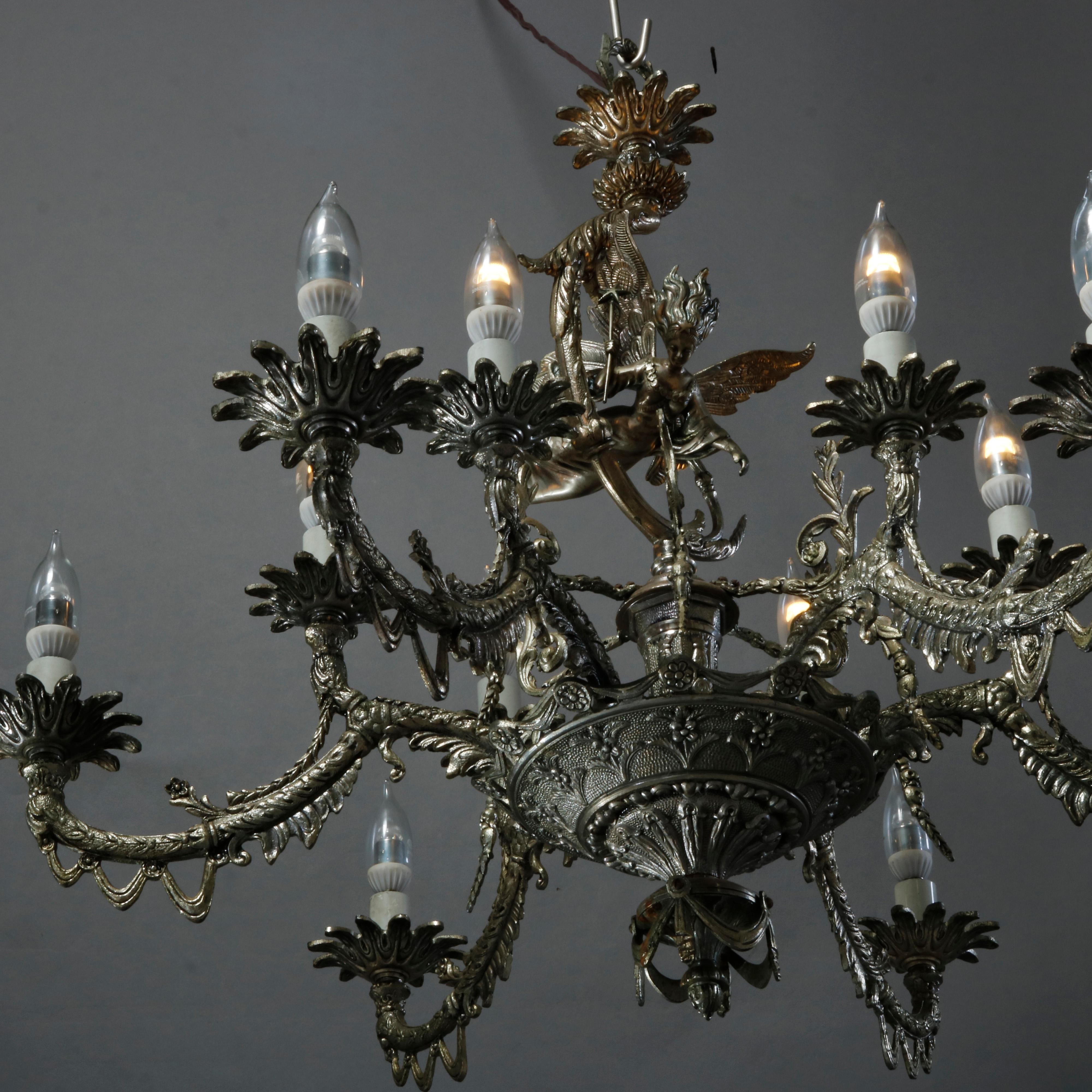 Antique Continental Gilt Silver Figural 12 Light Chandelier with Angel, c1930 5