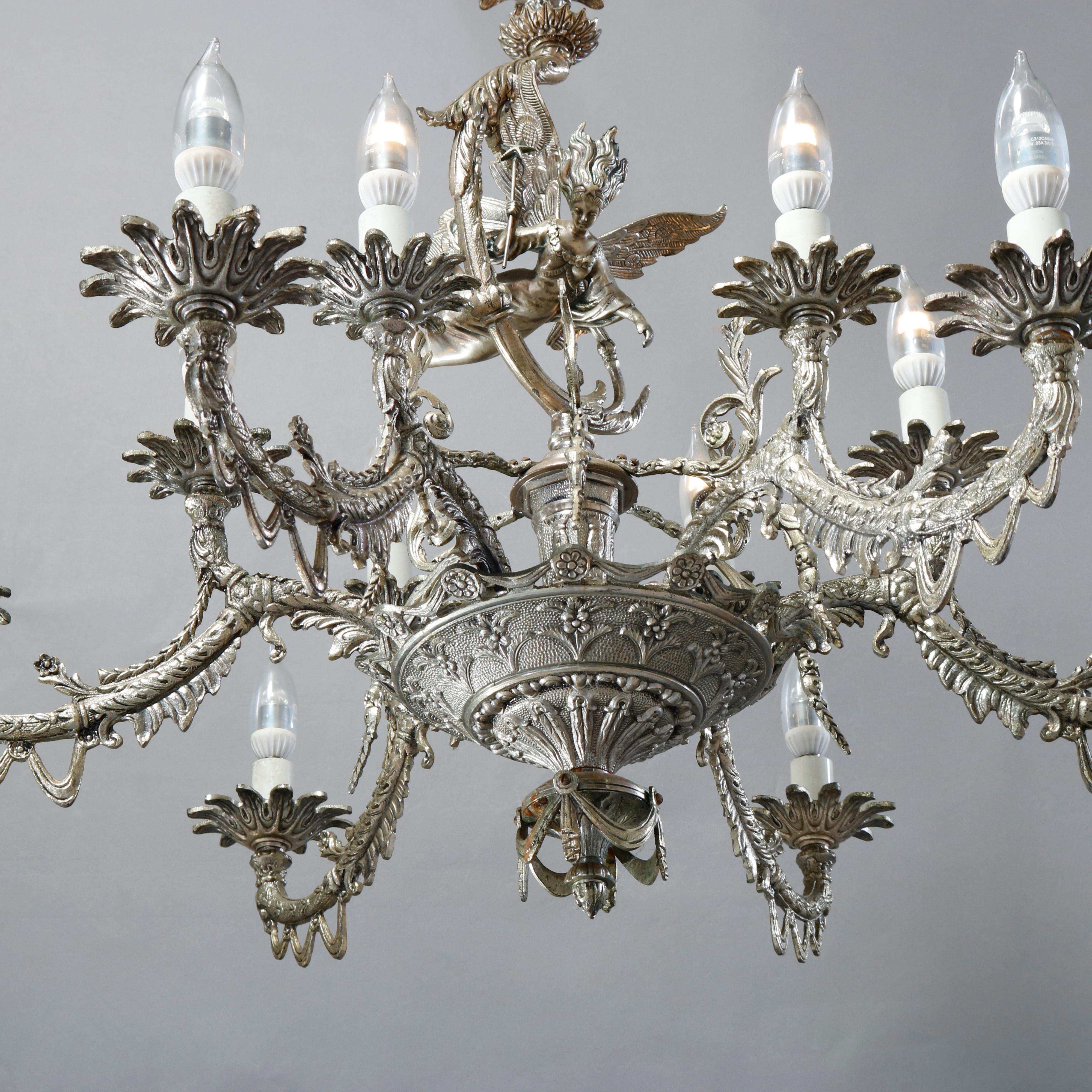 Antique Continental Gilt Silver Figural 12 Light Chandelier with Angel, c1930 6