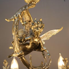Antique Continental Gilt Silver Figural 12 Light Chandelier with Angel, c1930