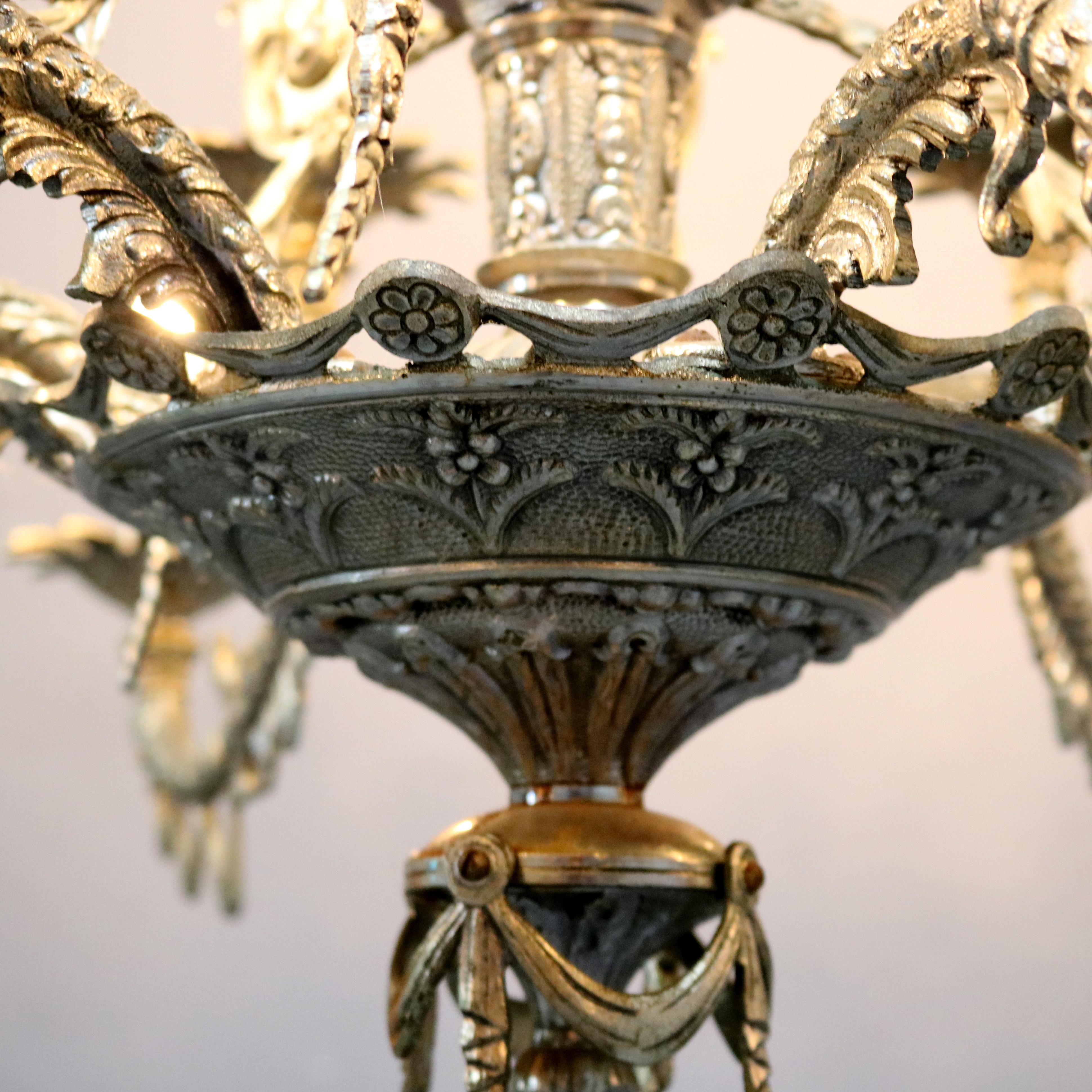 European Antique Continental Gilt Silver Figural 12 Light Chandelier with Angel, c1930