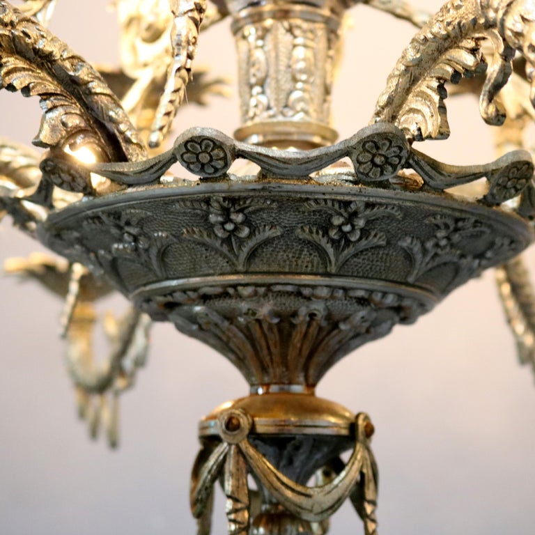 European Antique Continental Gilt Silver Figural 12 Light Chandelier with Angel, c1930 For Sale