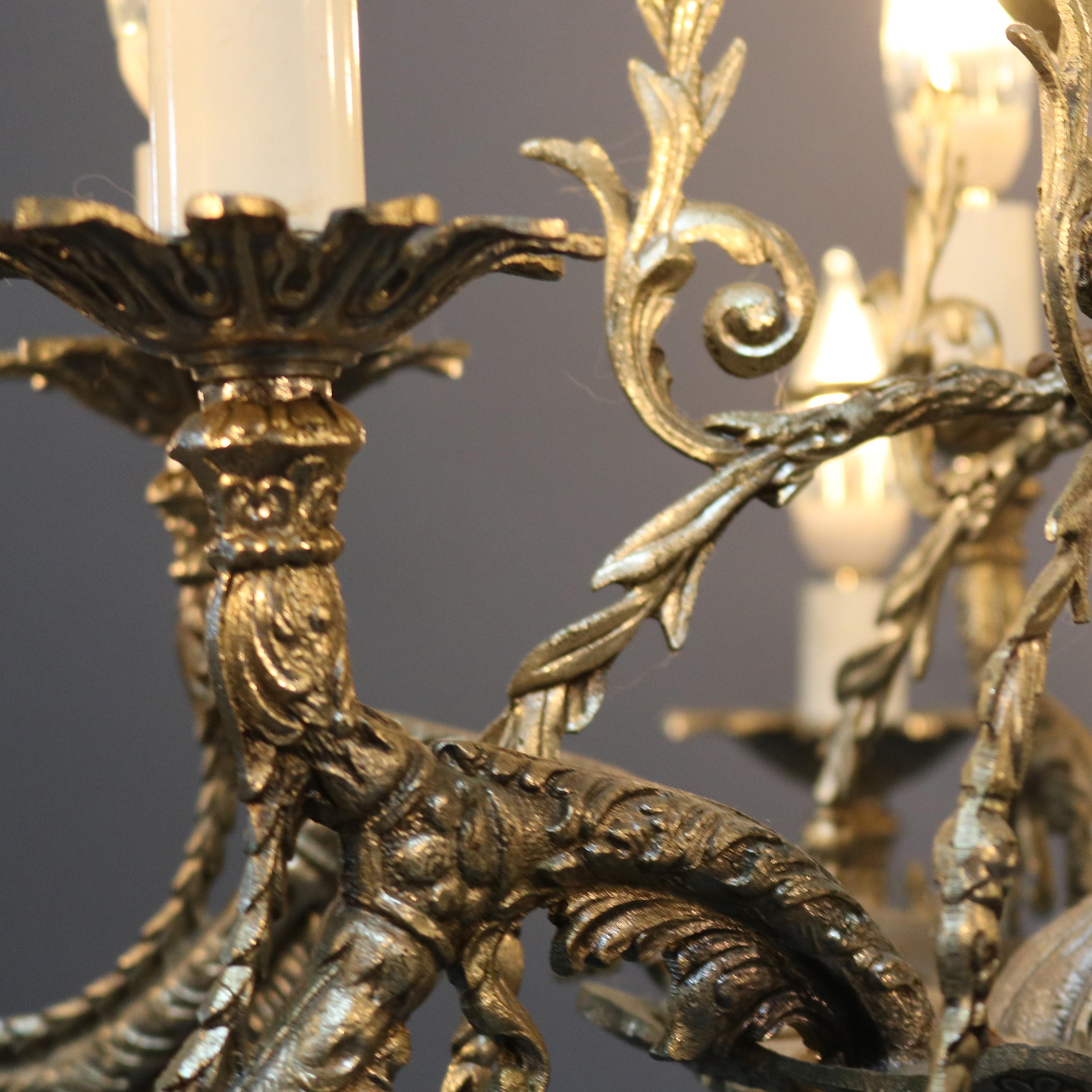Cast Antique Continental Gilt Silver Figural 12 Light Chandelier with Angel, c1930