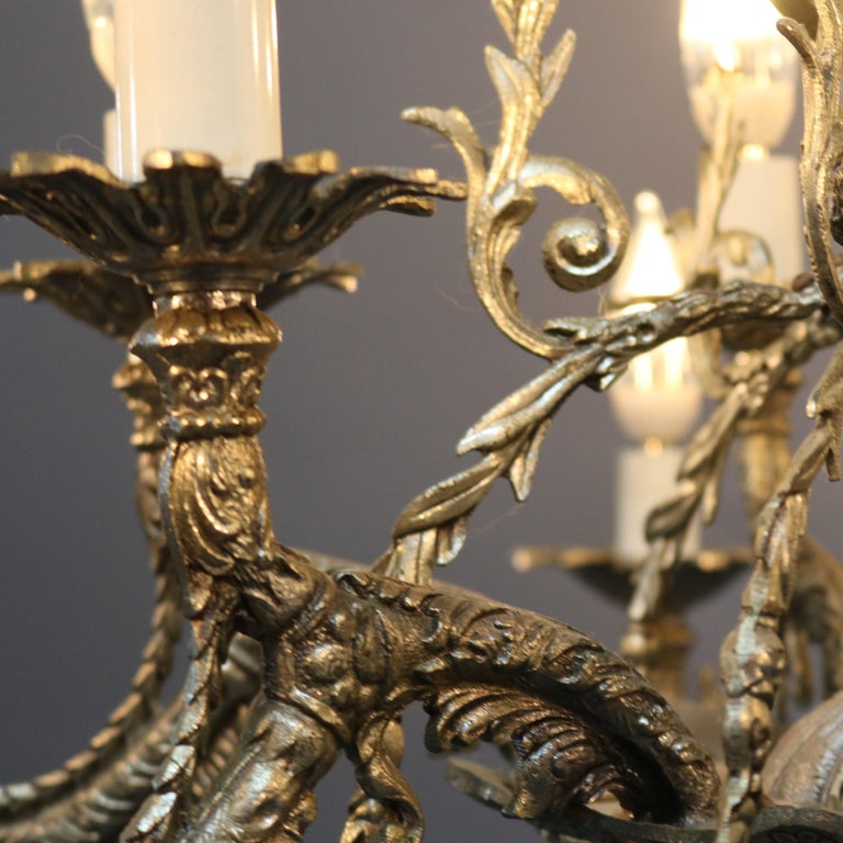 Cast Antique Continental Gilt Silver Figural 12 Light Chandelier with Angel, c1930 For Sale