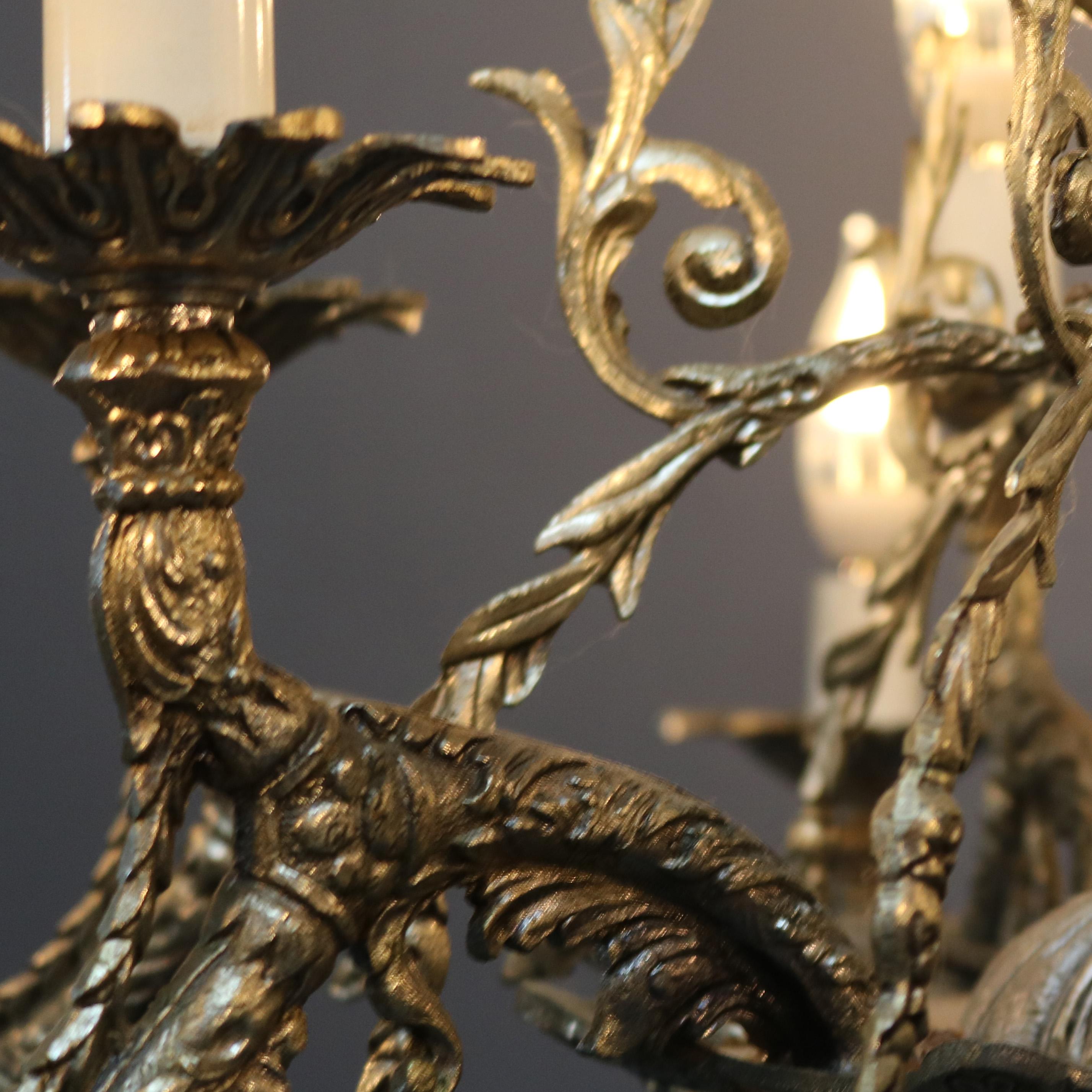 Antique Continental Gilt Silver Figural 12 Light Chandelier with Angel, c1930 In Good Condition In Big Flats, NY
